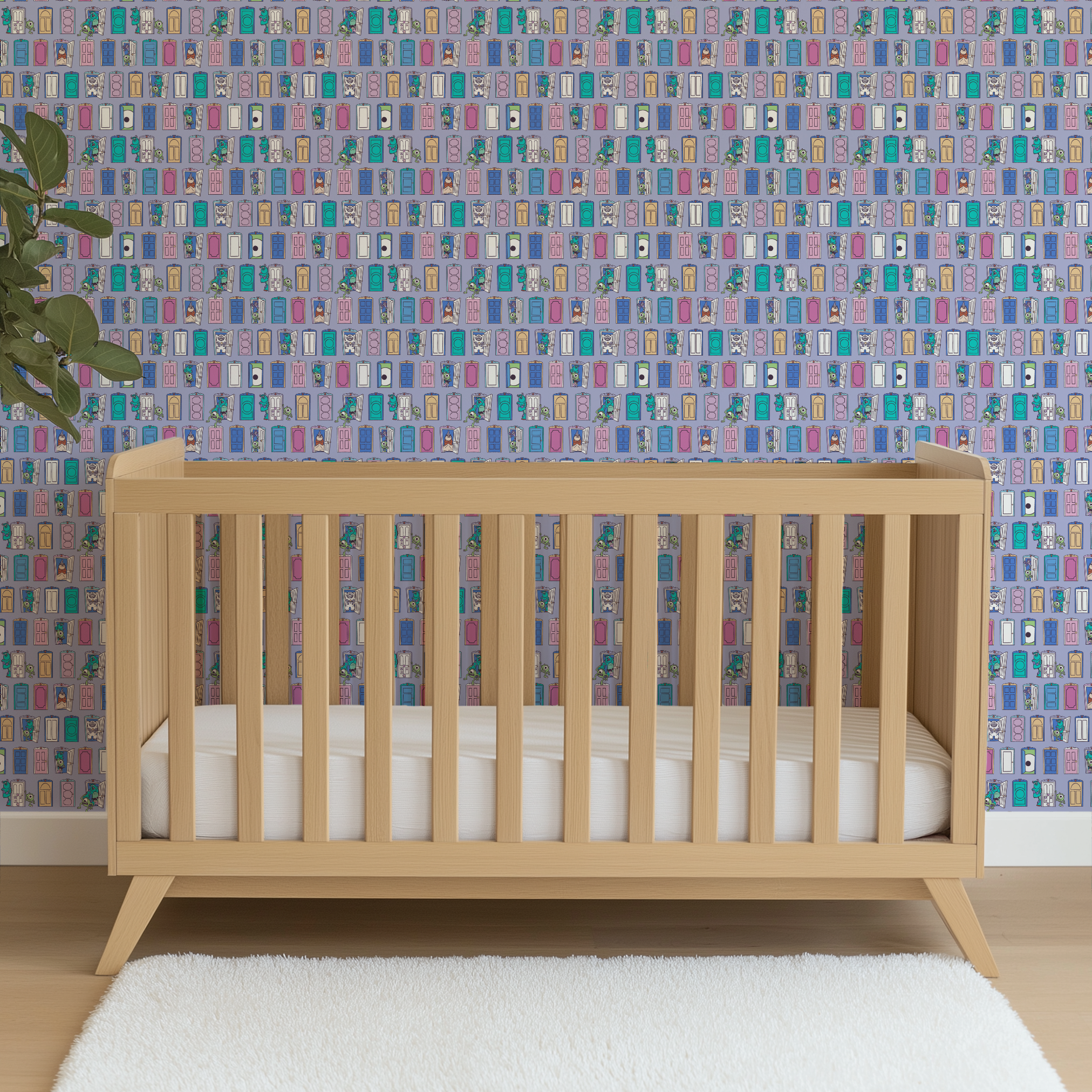 Colorful pattern of cartoon monster characters peeking through various doors in purple, blue, pink, and green on a lavender background. wallpaper crib mockup