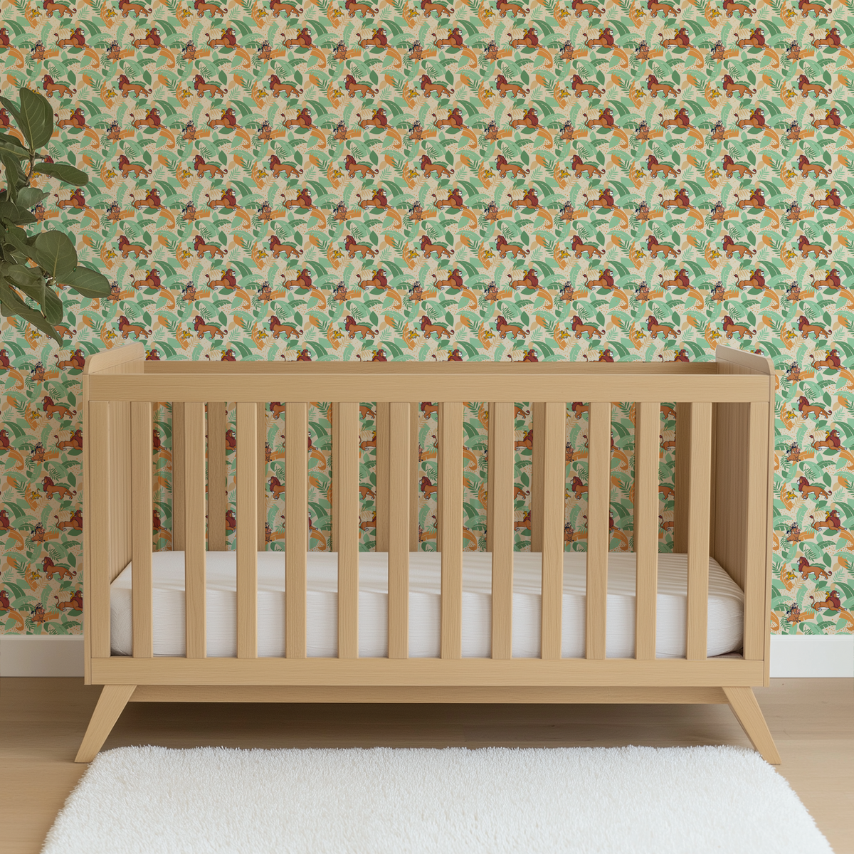Lion King-inspired pattern with lions and jungle animals amid colorful tropical leaves on cream background wallpaper crib mockup
