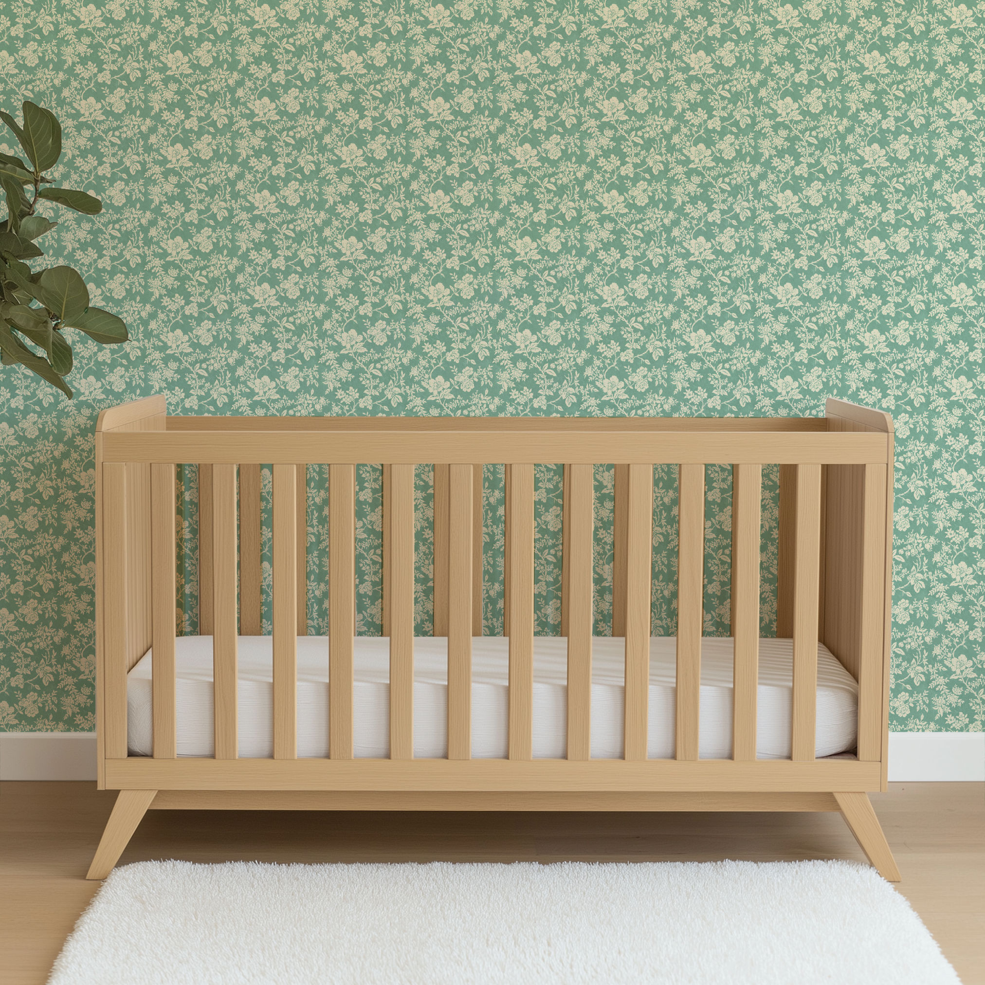 A floral pattern with white flowers and leaves on a soft teal background, featuring a delicate, repeating design. wallpaper crib mockup