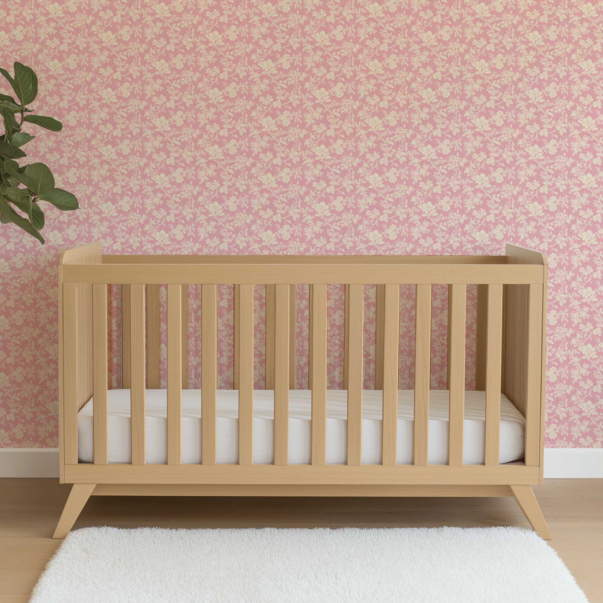 Light pink background with white floral patterns, featuring various flowers and leaves in a delicate, repeating design. wallpaper crib mockup