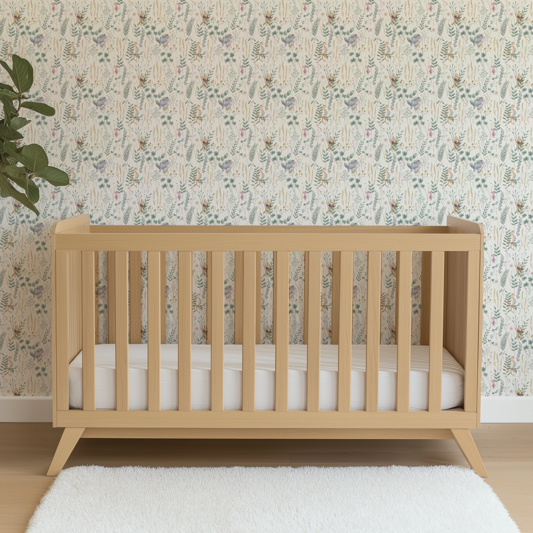 Whimsical botanical pattern with colorful teddy bears and creatures among green plants and flowers wallpaper crib mockup