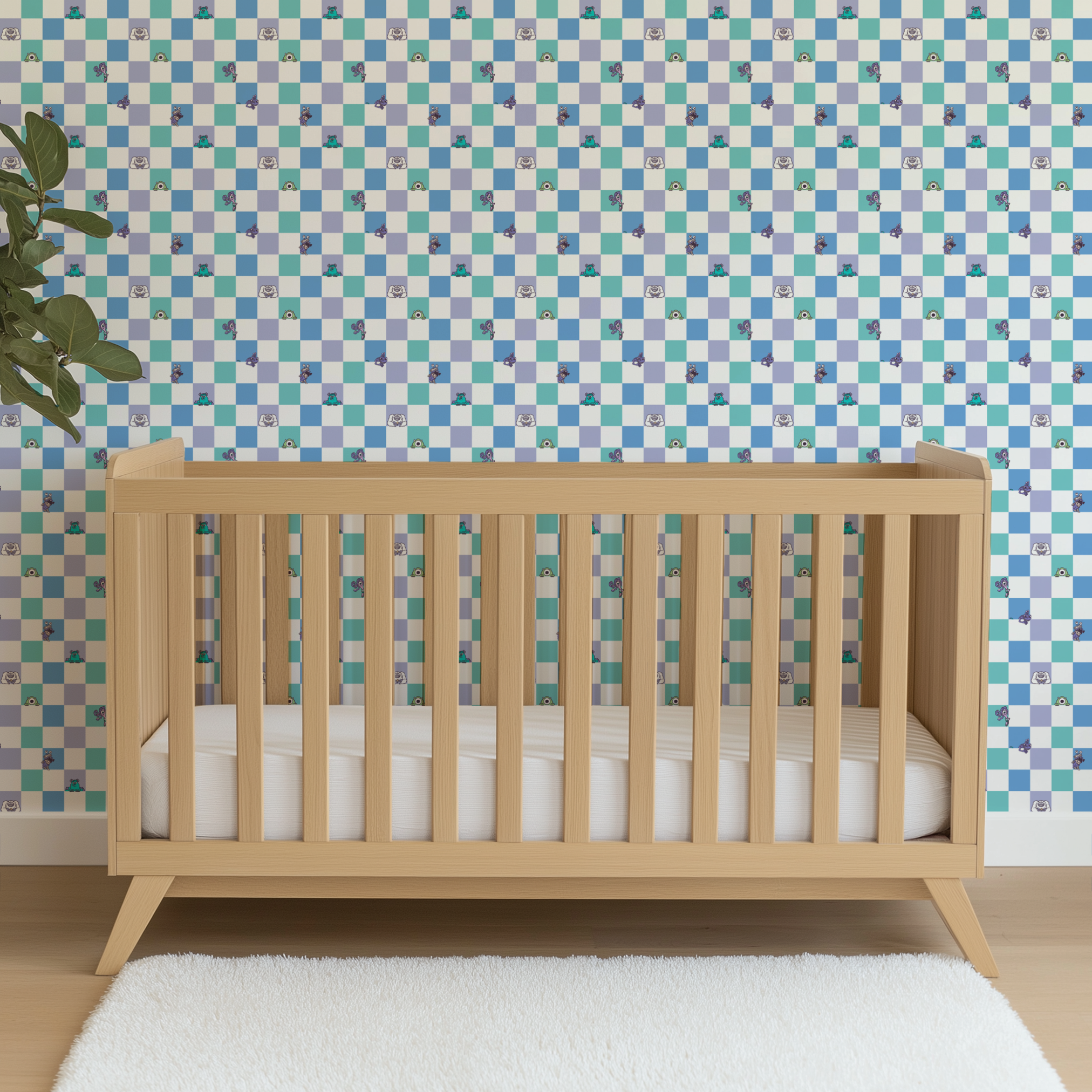 Monsters Inc characters on a checkered pattern of white, mint green, light purple, and blue squares wallpaper crib mockup