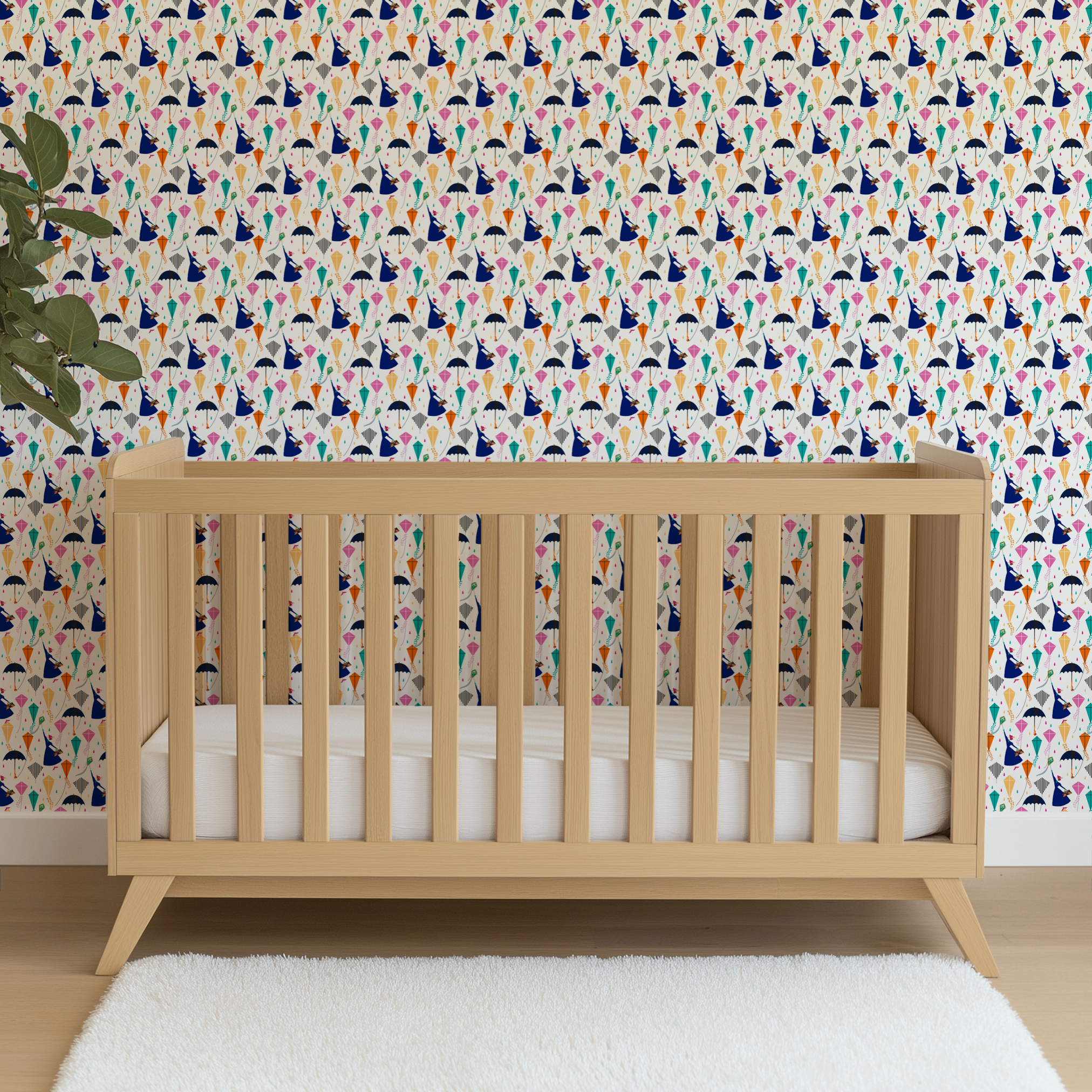 Colorful Mary Poppins pattern with umbrellas, featuring pink, orange, turquoise kites and navy umbrellas on white background wallpaper crib mockup
