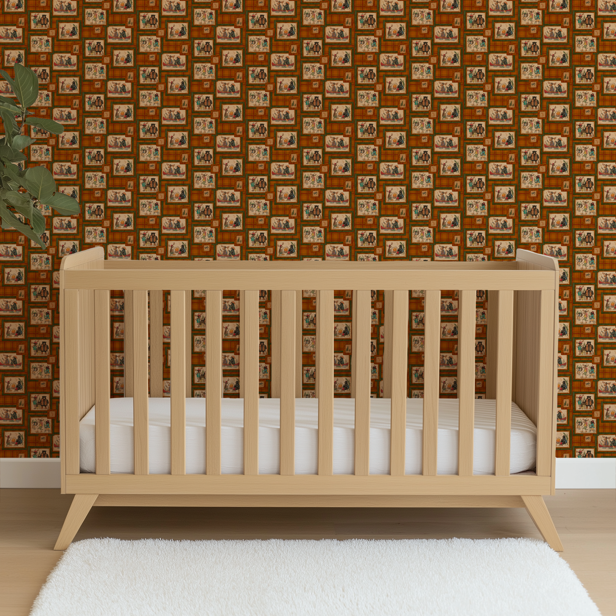Vintage-style patchwork pattern with framed scenes of people and animals on orange plaid background wallpaper crib mockup