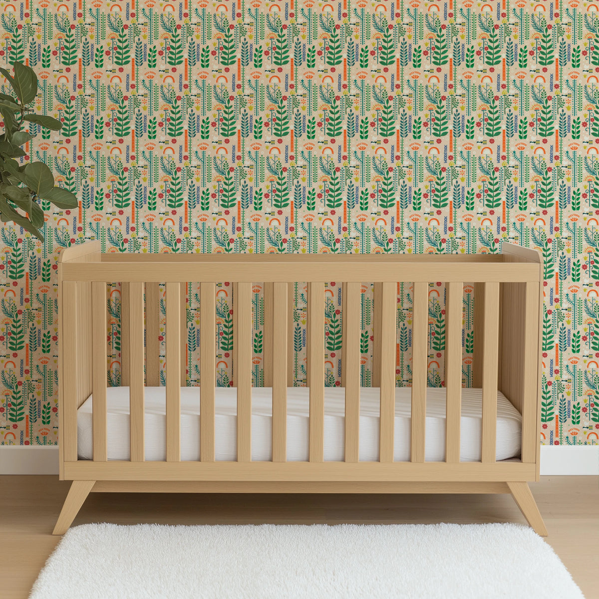 Woodstock Retro Greenery on Tan Wallpaper