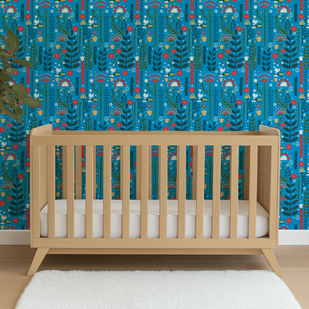 Woodstock Retro Greenery on Blue Wallpaper
