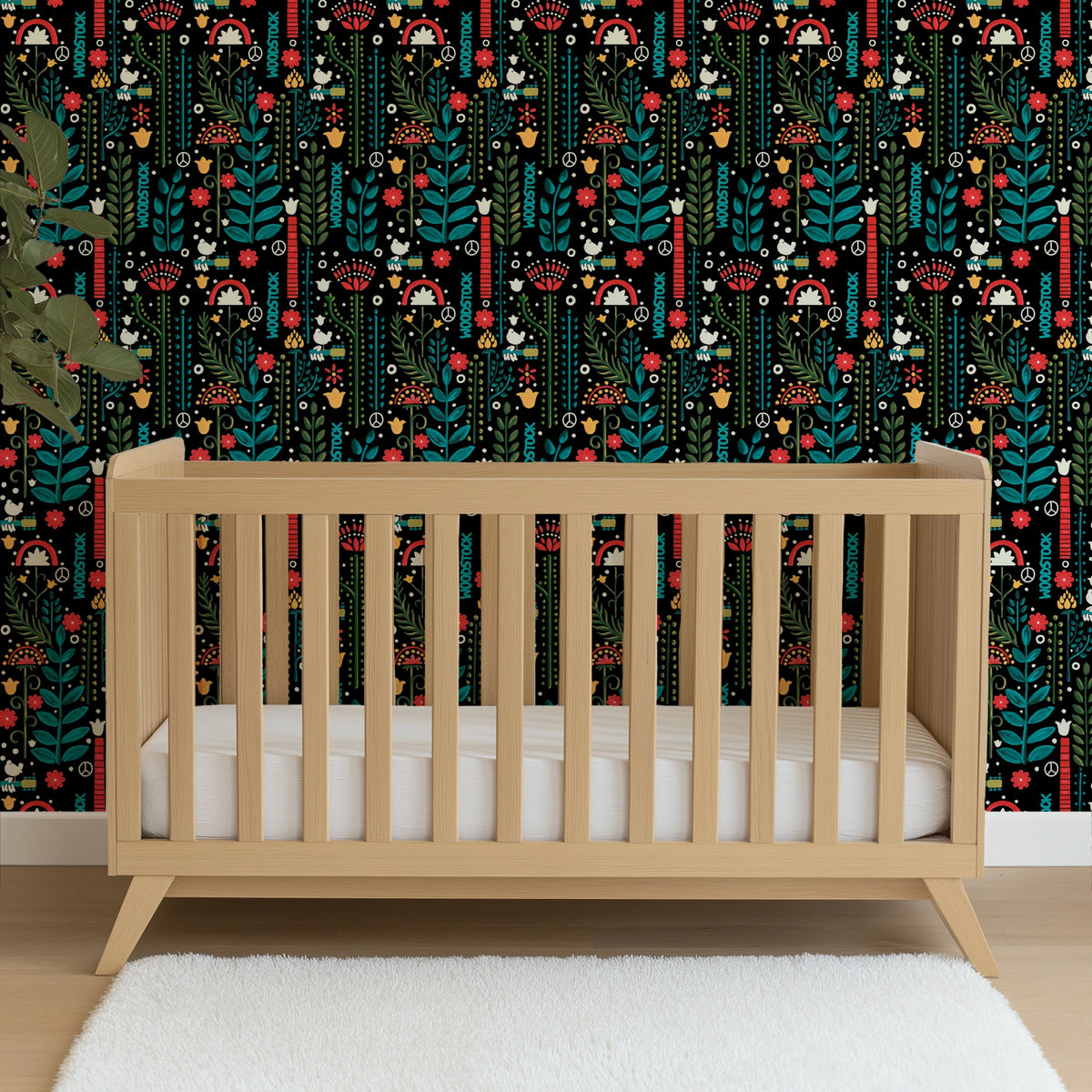 Woodstock Retro Greenery on Black Wallpaper