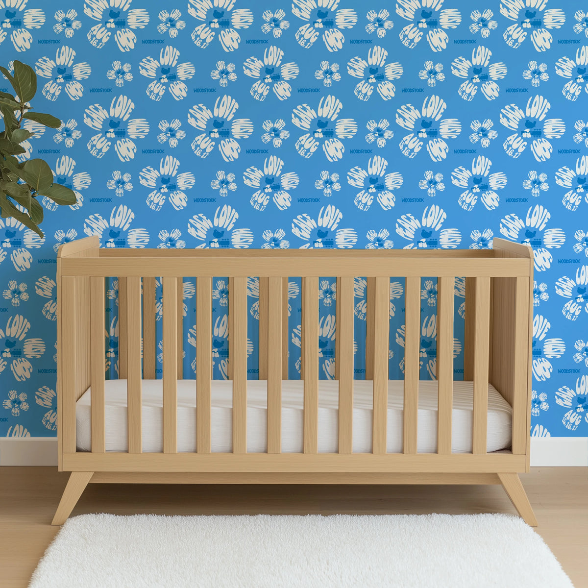 Woodstock Peace, Love, Music Florals on Blue Wallpaper