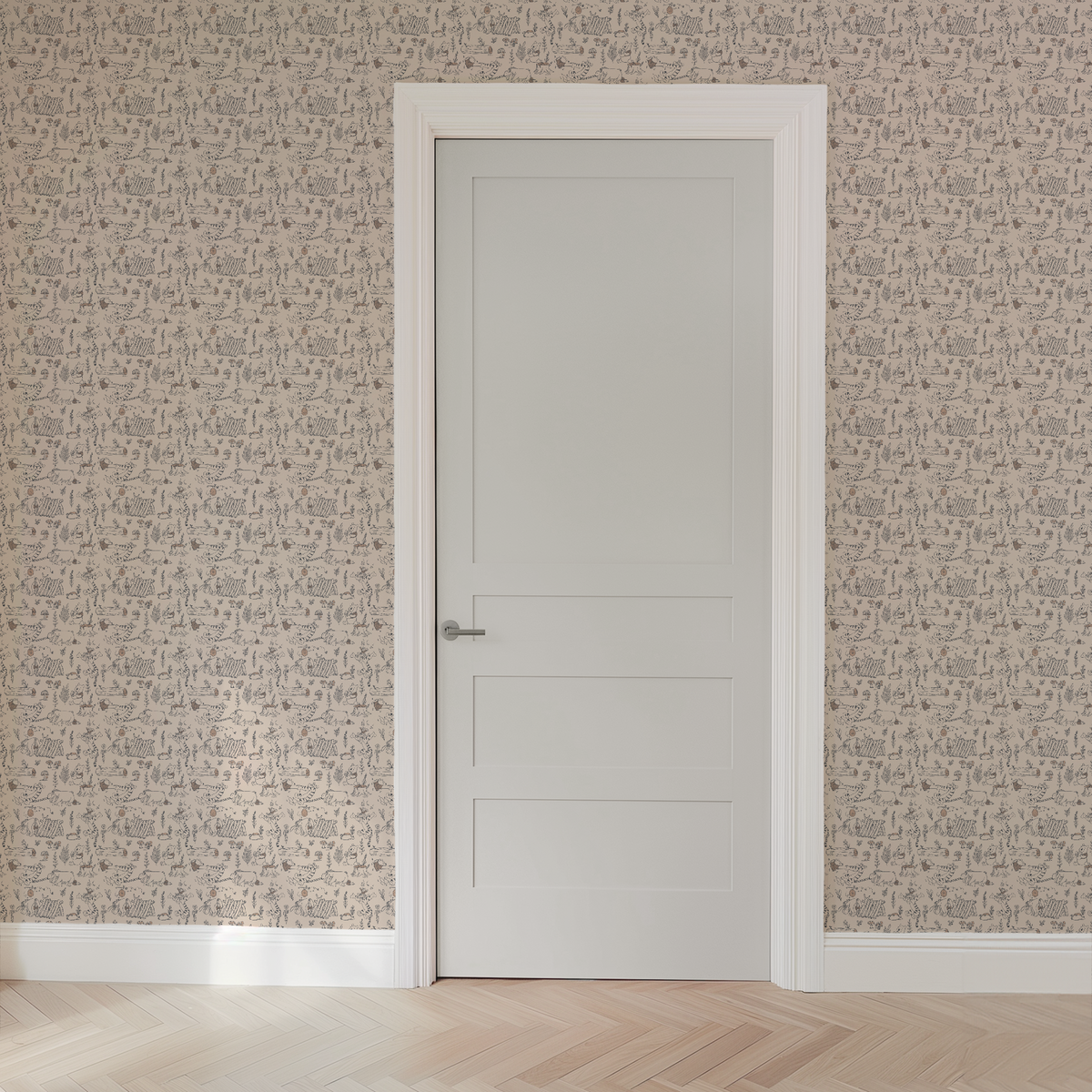 Whimsical illustrated pattern of woodland animals, logs, and plants in black line art on beige background wallpaper door mockup