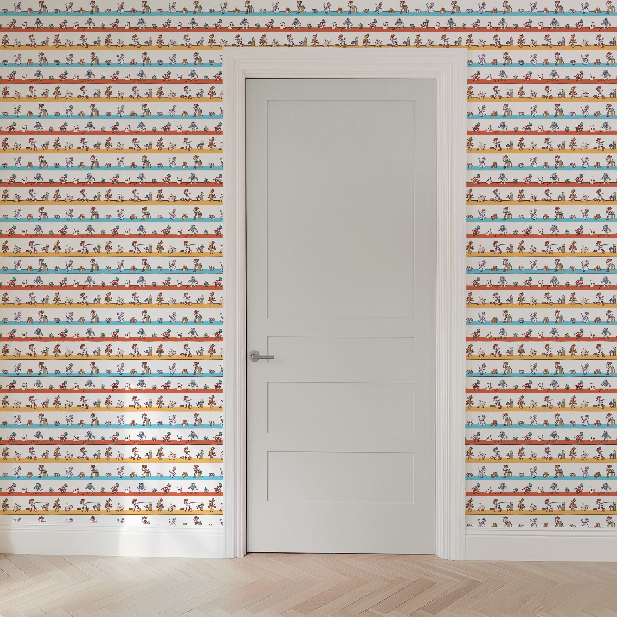 Cartoon illustration of three rows showing different Toy Story characters in action - Woody, Buzzlightyear, Jessie, & more! wallpaper door mockup