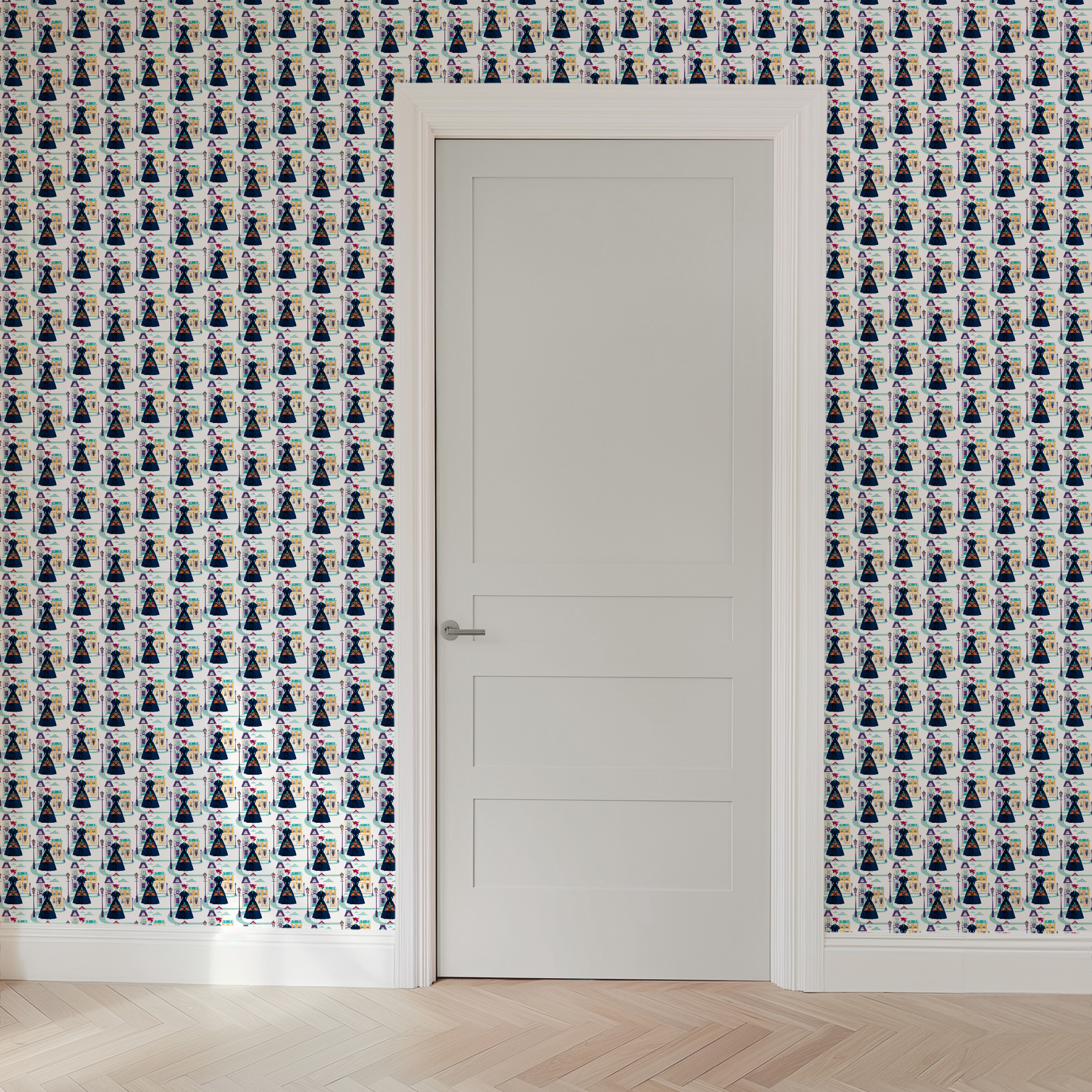 Illustrated pattern of Mary Poppins, standing among pastel townhouses and streetlamps. wallpaper door mockup