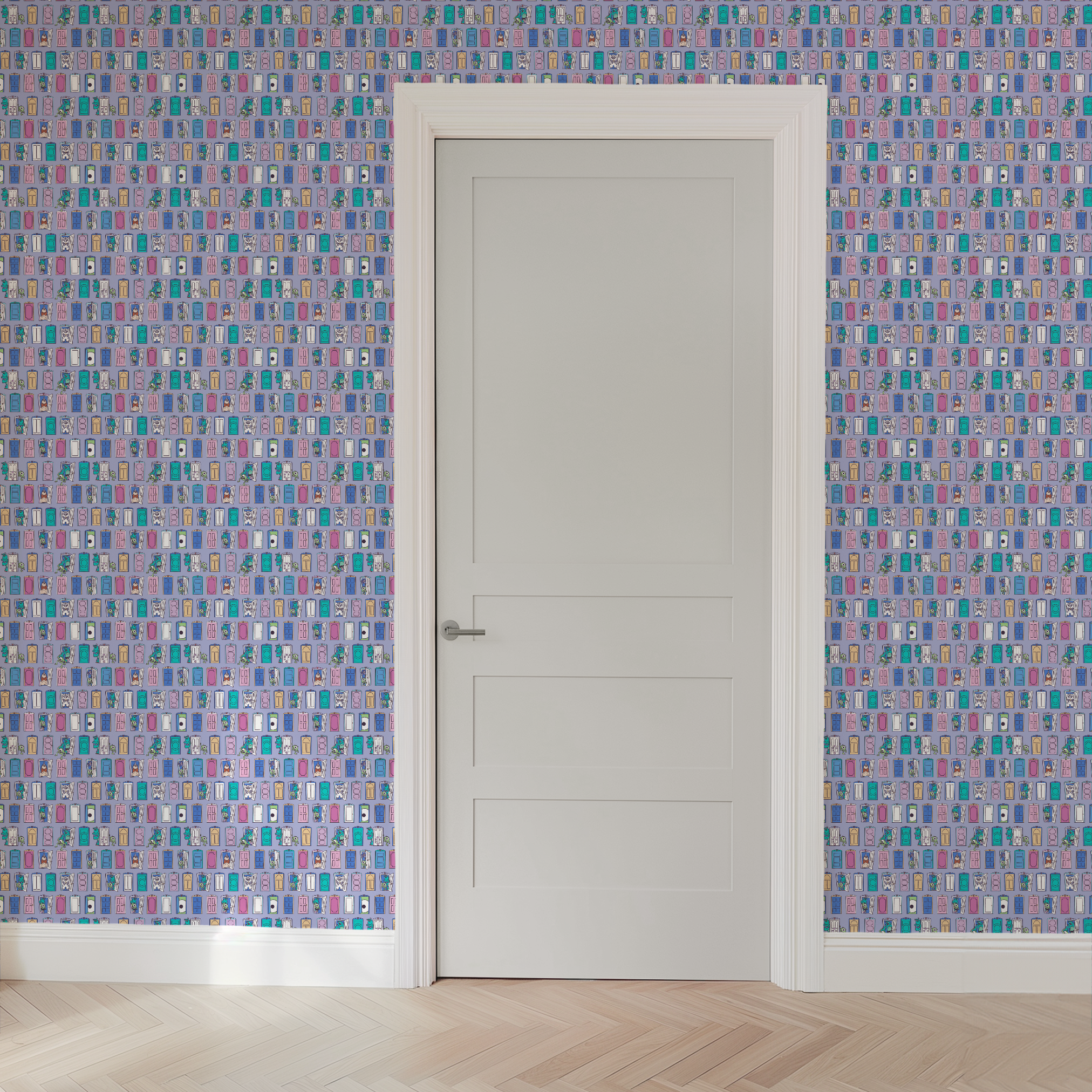 Colorful pattern of cartoon monster characters peeking through various doors in purple, blue, pink, and green on a lavender background. wallpaper door mockup