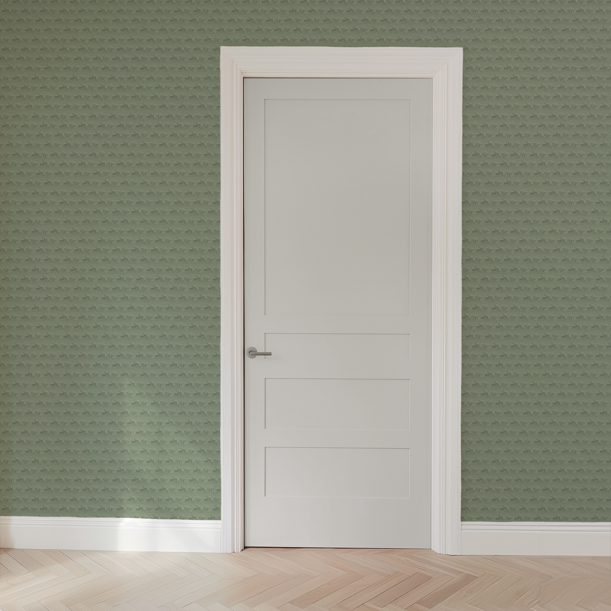 Muted green patterned design with repeating silhouettes of Frozen characters in horizontal bands wallpaper door mockup