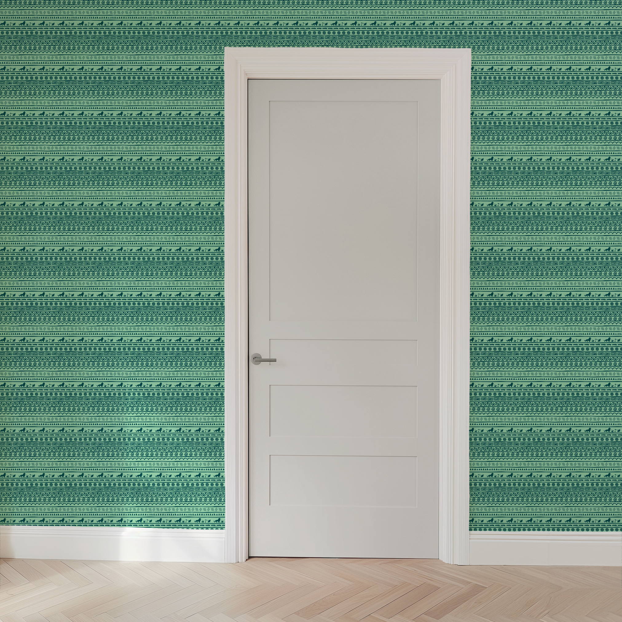 Traditional African-inspired pattern in dark teal on mint green with lions, spirals, triangles, and geometric motifs wallpaper door mockup
