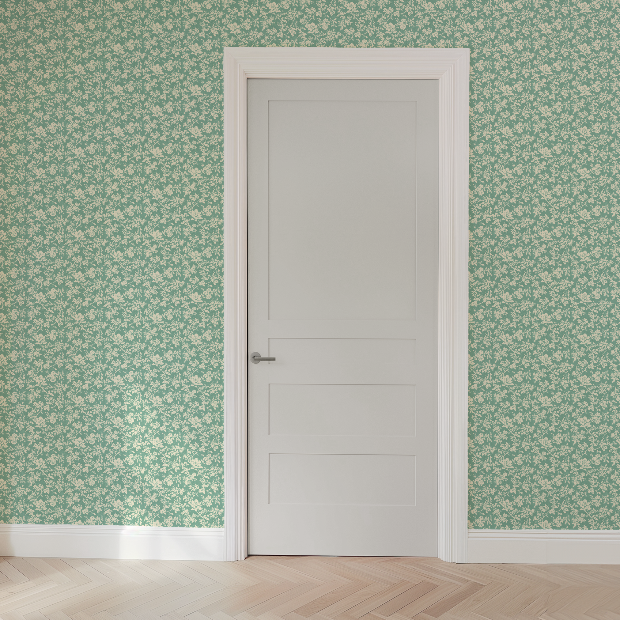 A floral pattern with white flowers and leaves on a soft teal background, featuring a delicate, repeating design. wallpaper door mockup