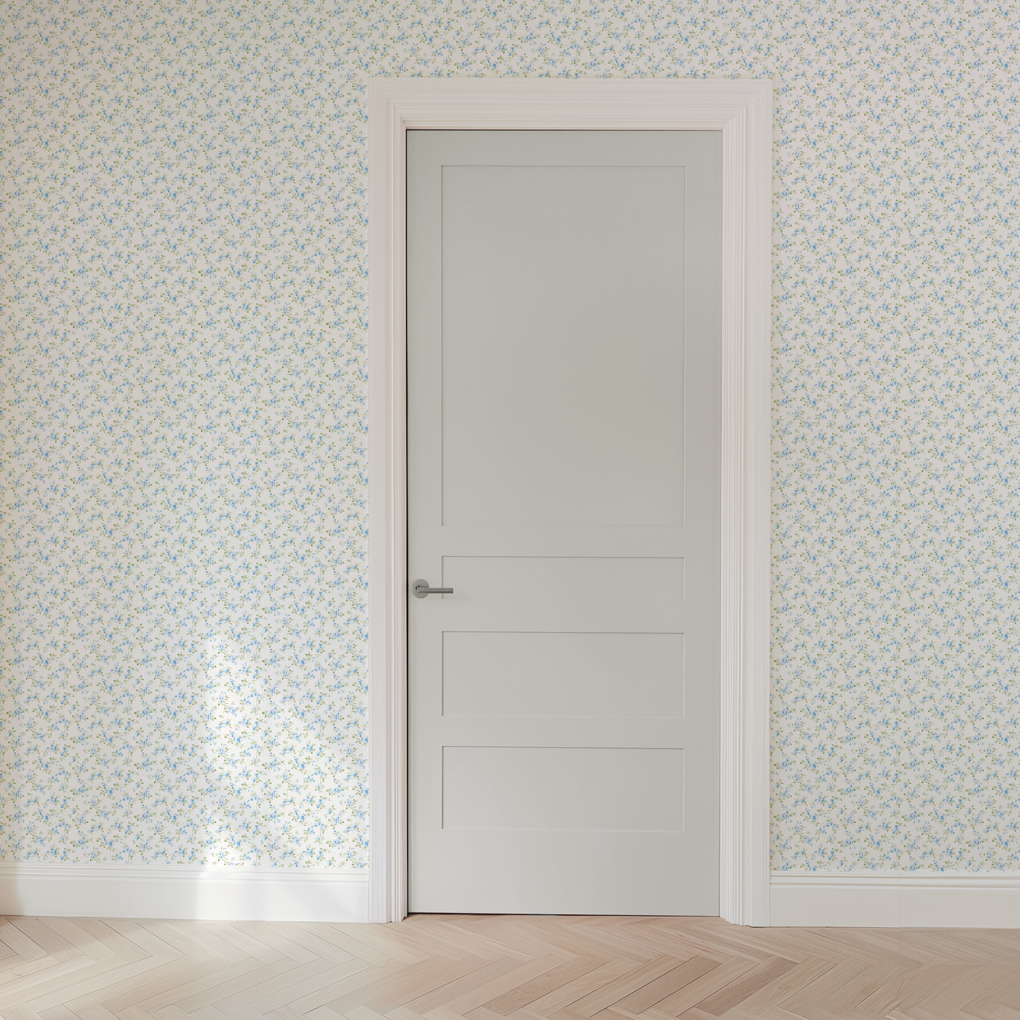 Delicate blue floral pattern with small scattered flowers and green leaves on white background wallpaper door mockup
