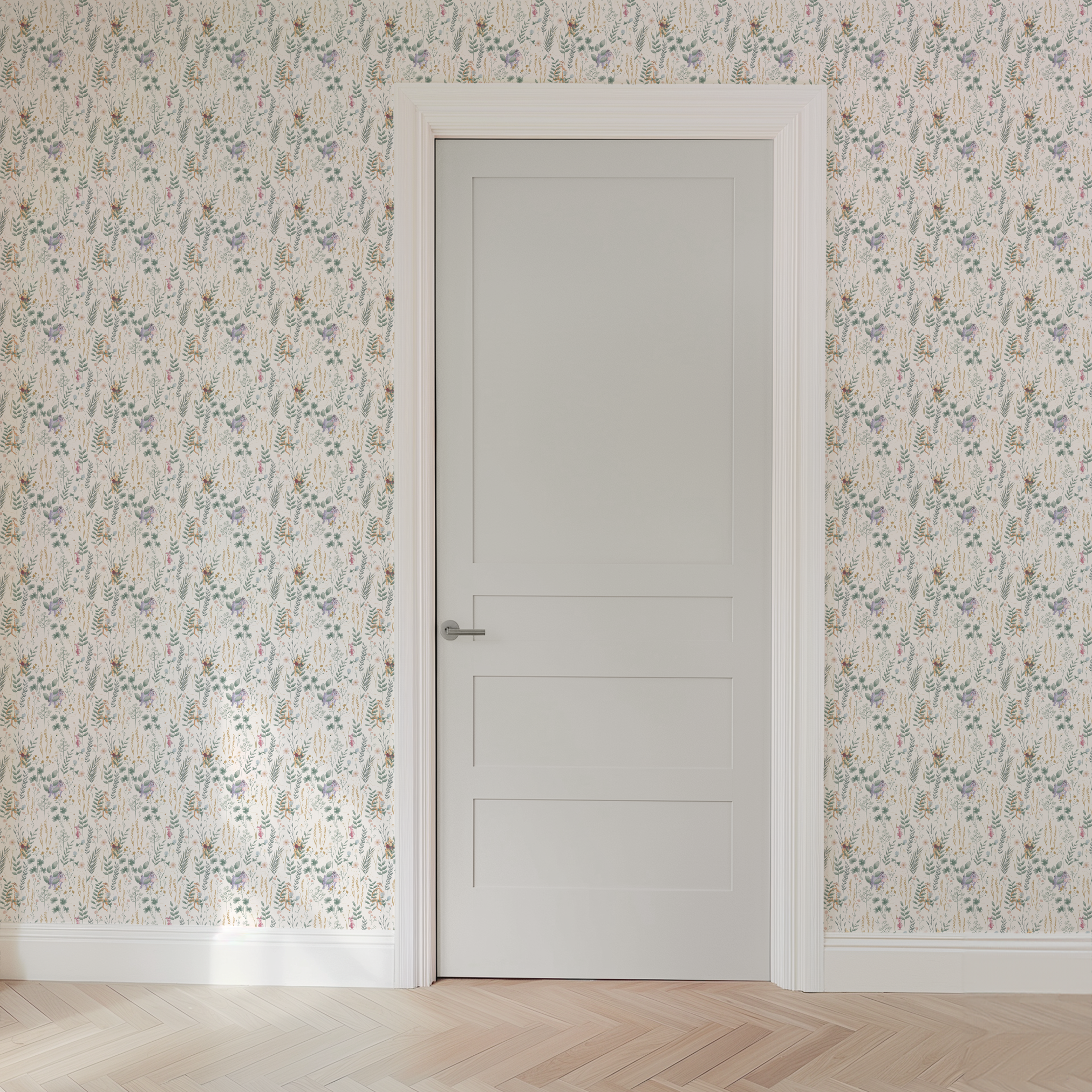 Whimsical botanical pattern with colorful teddy bears and creatures among green plants and flowers wallpaper door mockup