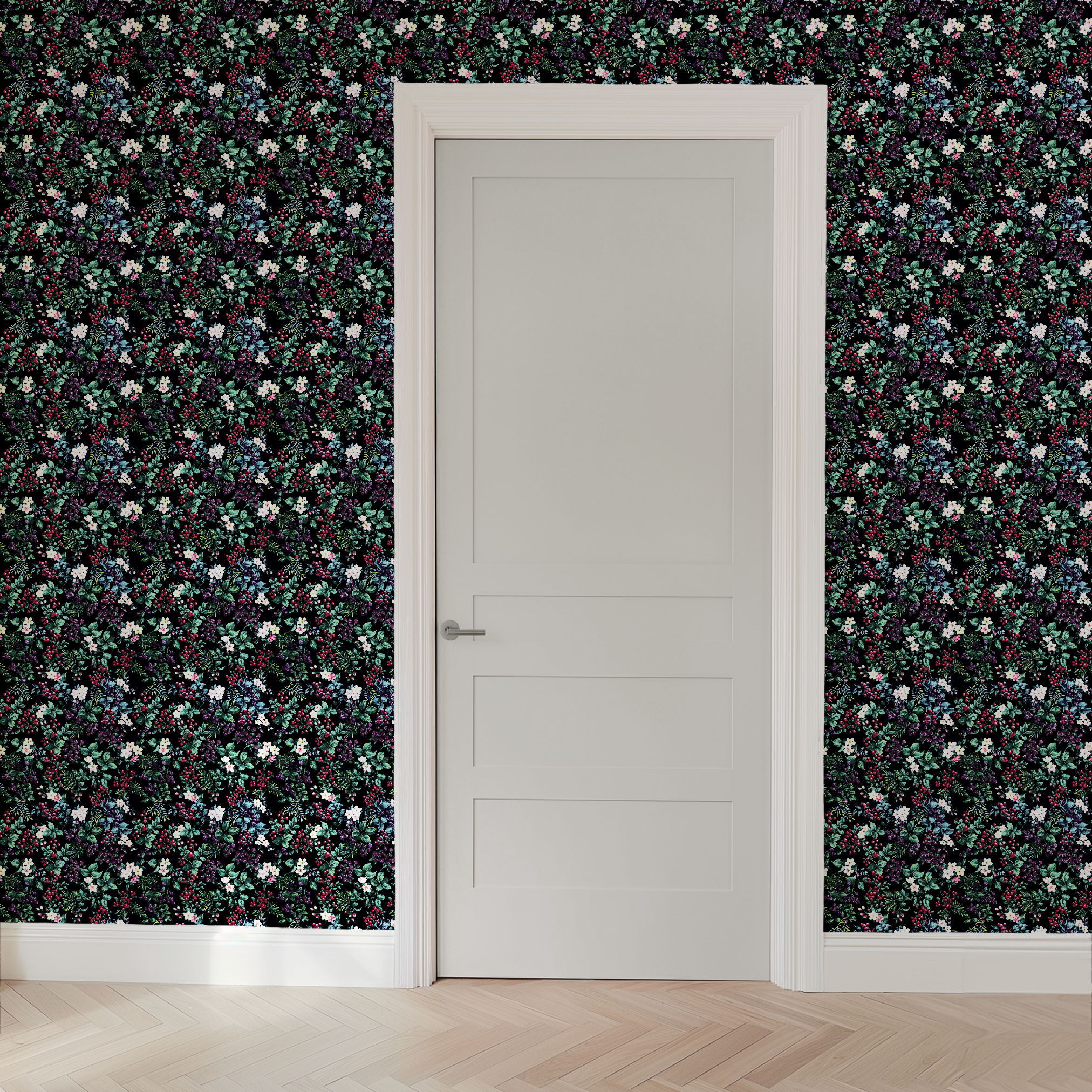 Colorful botanical pattern with white flowers, red cherries, purple blackberries, and green leaves on black background wallpaper door mockup