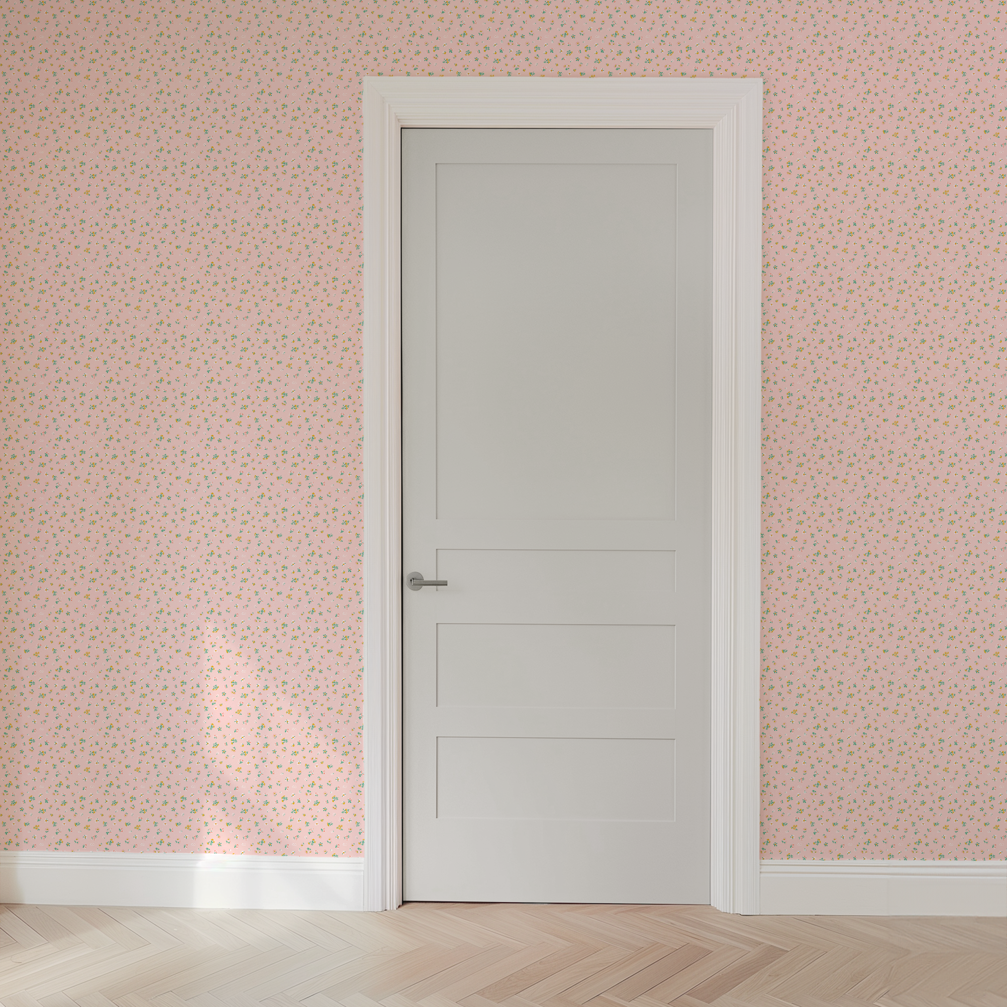 Small floral pattern on pink background with white daisies and yellow, blue, and pink flowers wallpaper door mockup