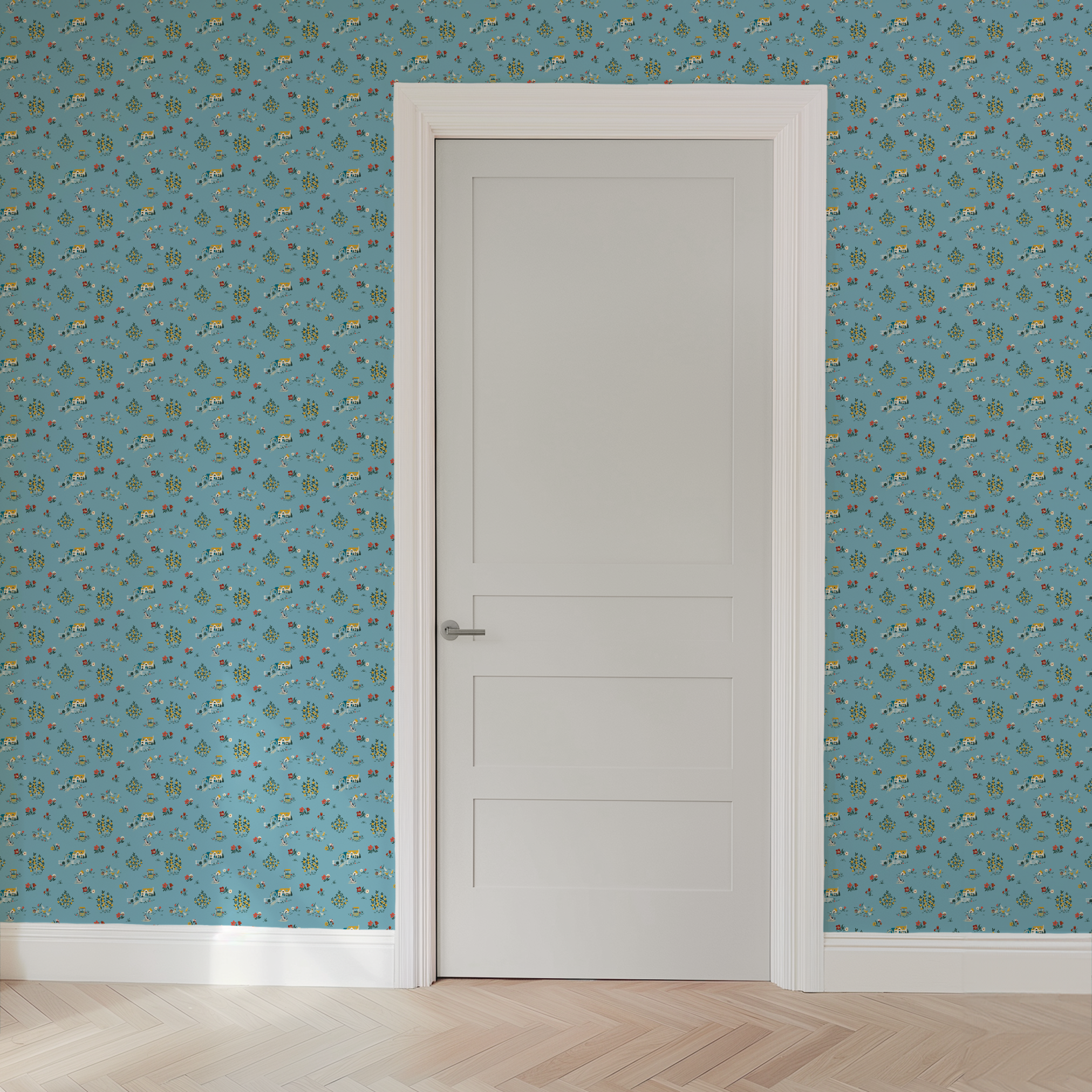 Blue-gray background with repeating folk art pattern of small cottages, white geese, floral clusters, and colorful tulips in yellow and red. wallpaper door mockup