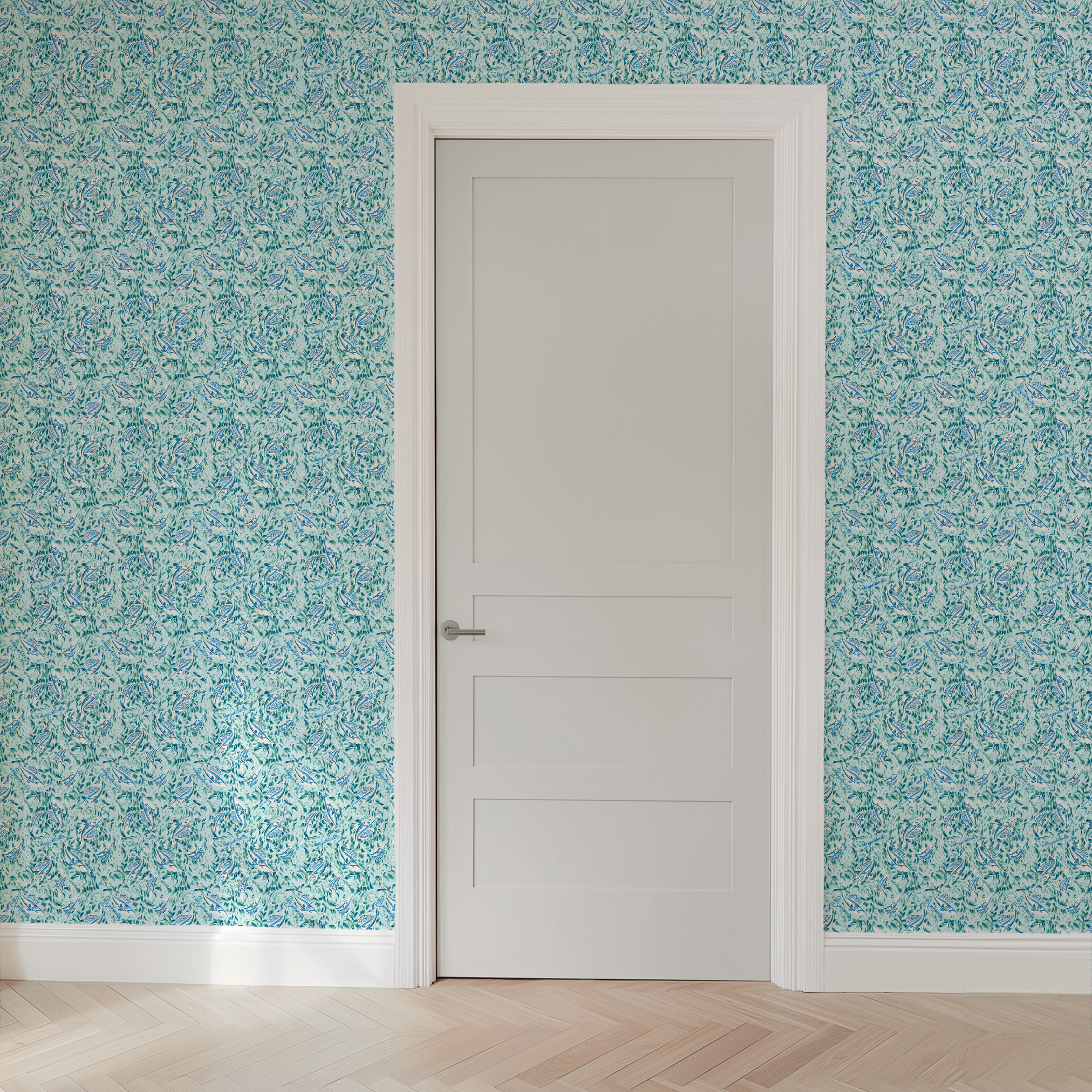 Abstract Margaritaville marbled pattern in teal, blue and white with swirling floral motifs and delicate wave-like designs wallpaper door mockup