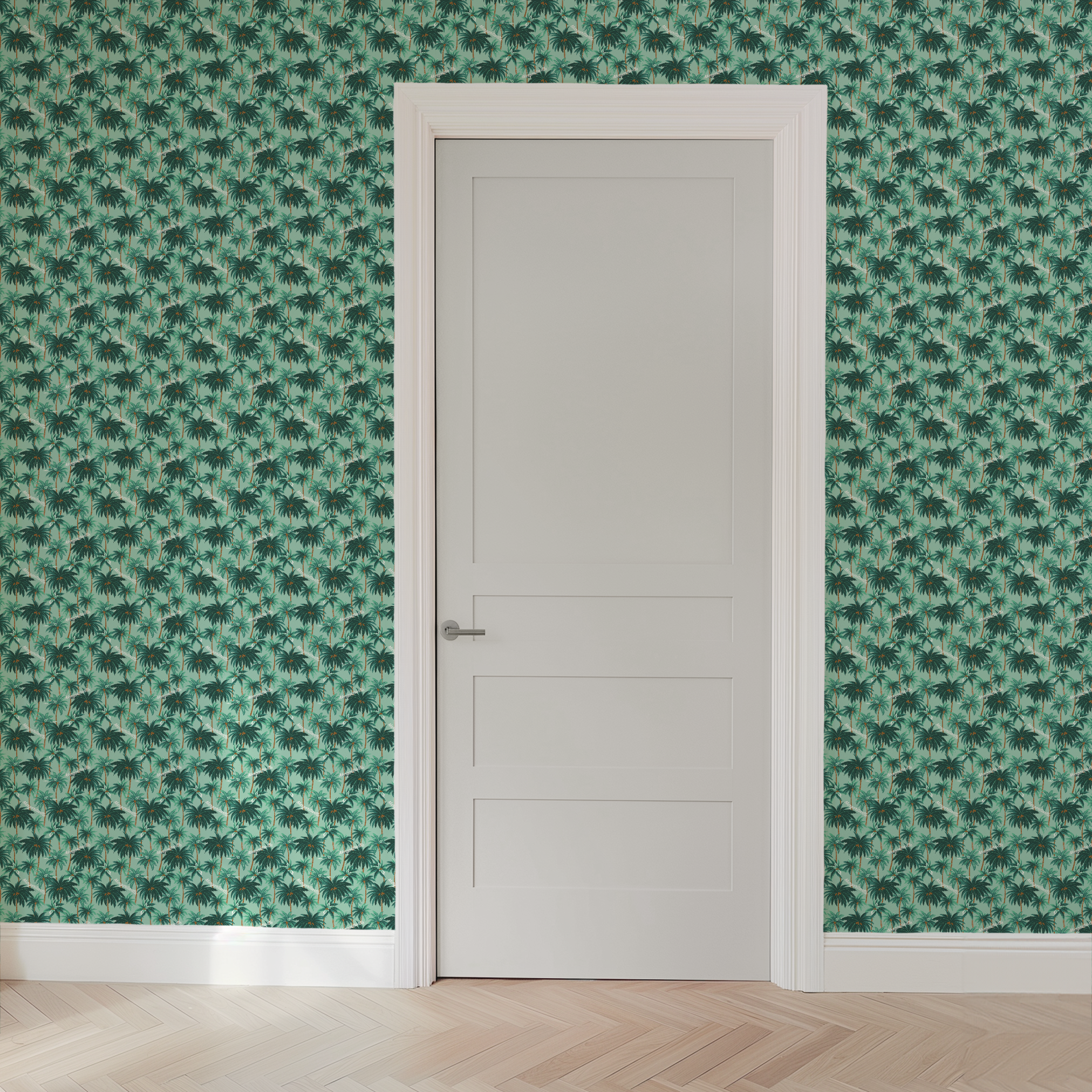 Margaritaville palm tree pattern on mint green background, tropical design with repeated dark green palms wallpaper door mockup