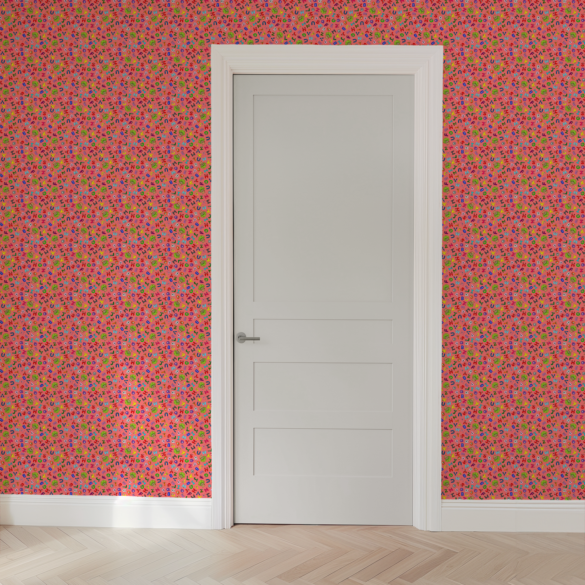 Colorful alphabet pattern with cartoon letter characters on bright pink background wallpaper door mockup