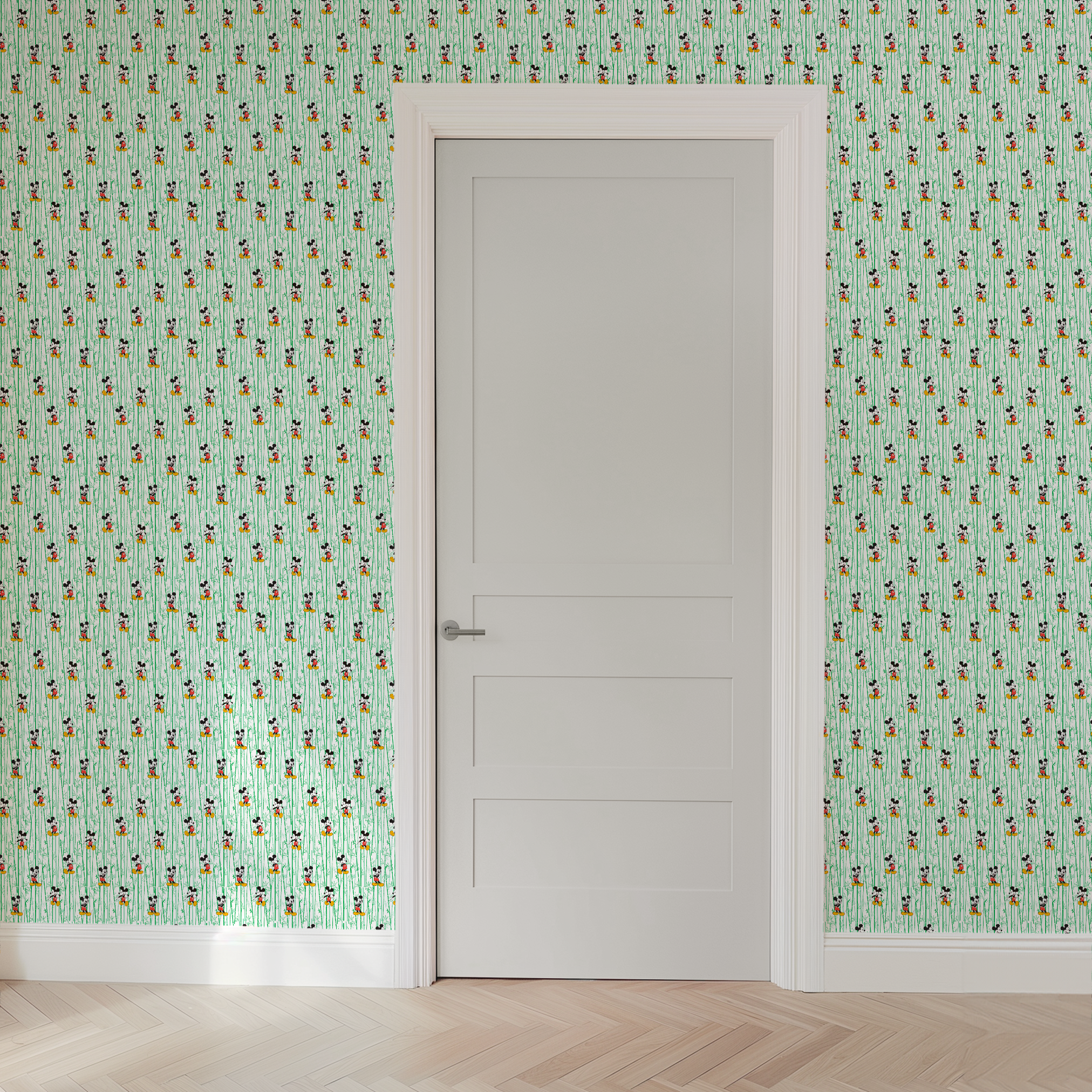 Cartoon mouse character pattern on white background with green vertical stripes wallpaper door mockup