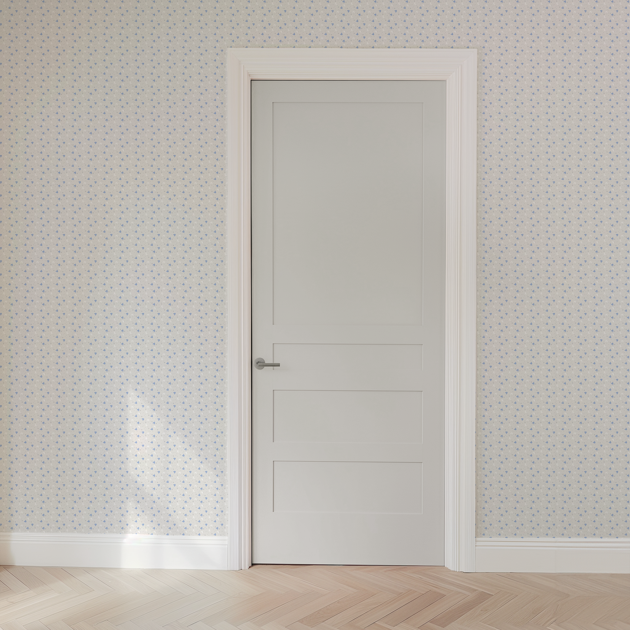 Blue Mickey Mouse silhouettes with white moons and gray stars on light gray background wallpaper door mockup