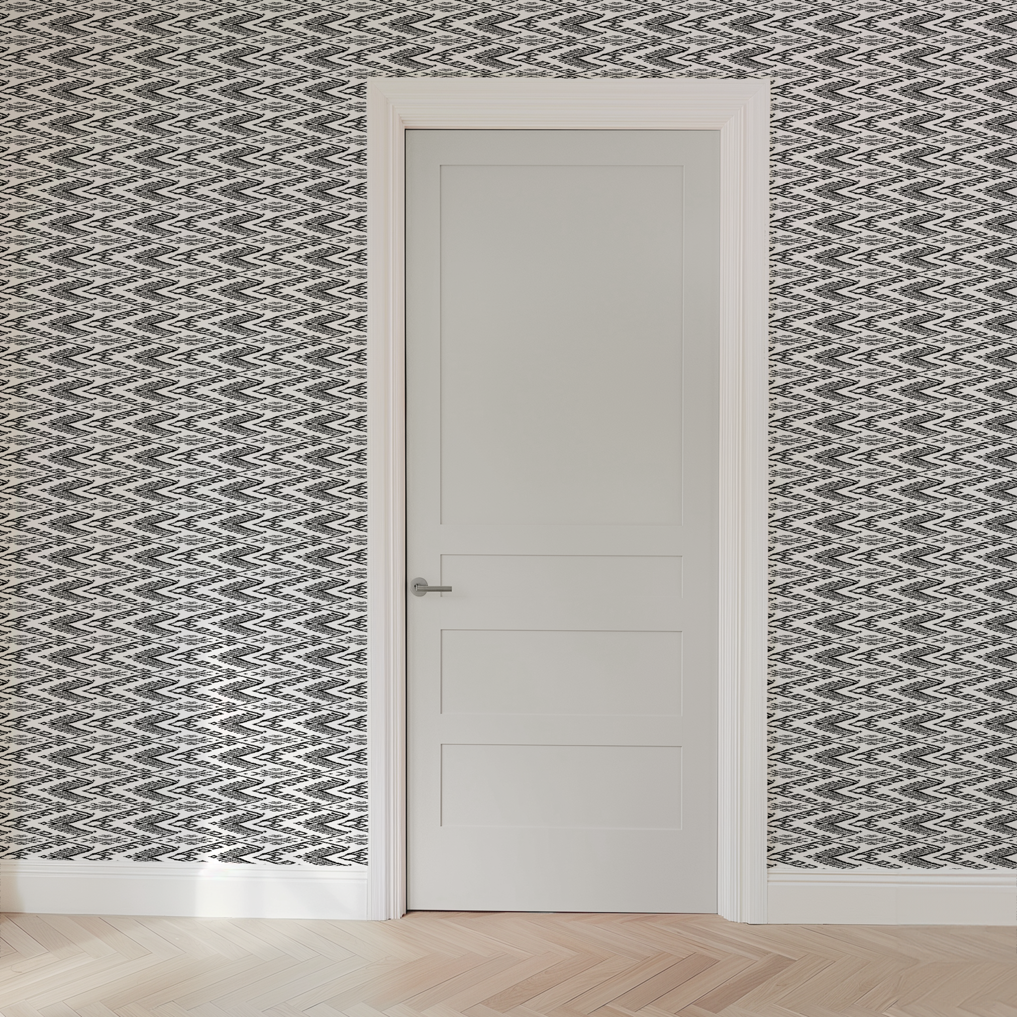 Black and white geometric pattern with diamond shapes and zigzag motifs on a textile surface wallpaper door mockup