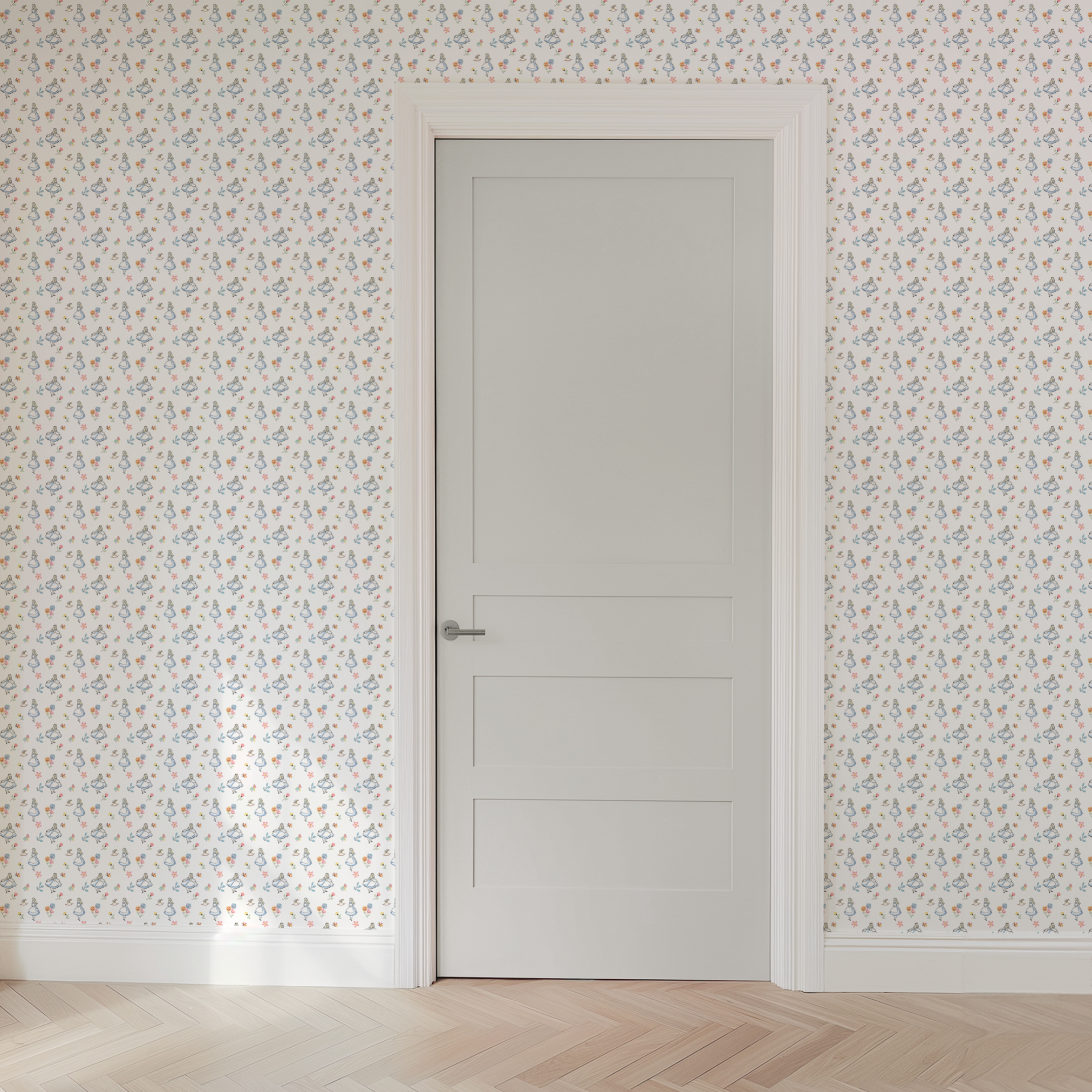 Whimsical pattern featuring character in blue dress with flowers, mushrooms, and rocking horse wallpaper door mockup