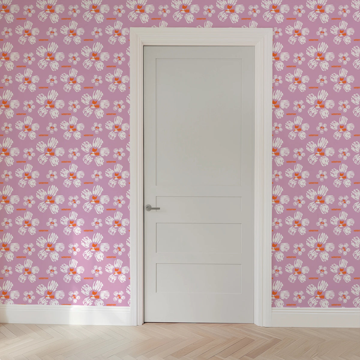 Woodstock Peace, Love, Music Florals on Lavender Wallpaper