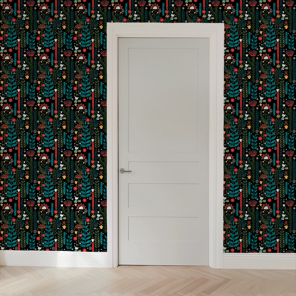 Woodstock Retro Greenery on Black Wallpaper