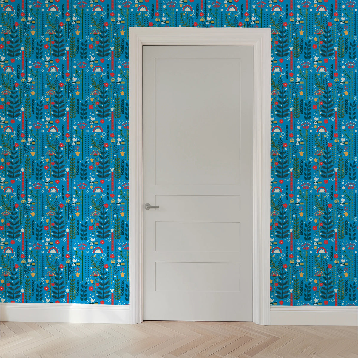 Woodstock Retro Greenery on Blue Wallpaper