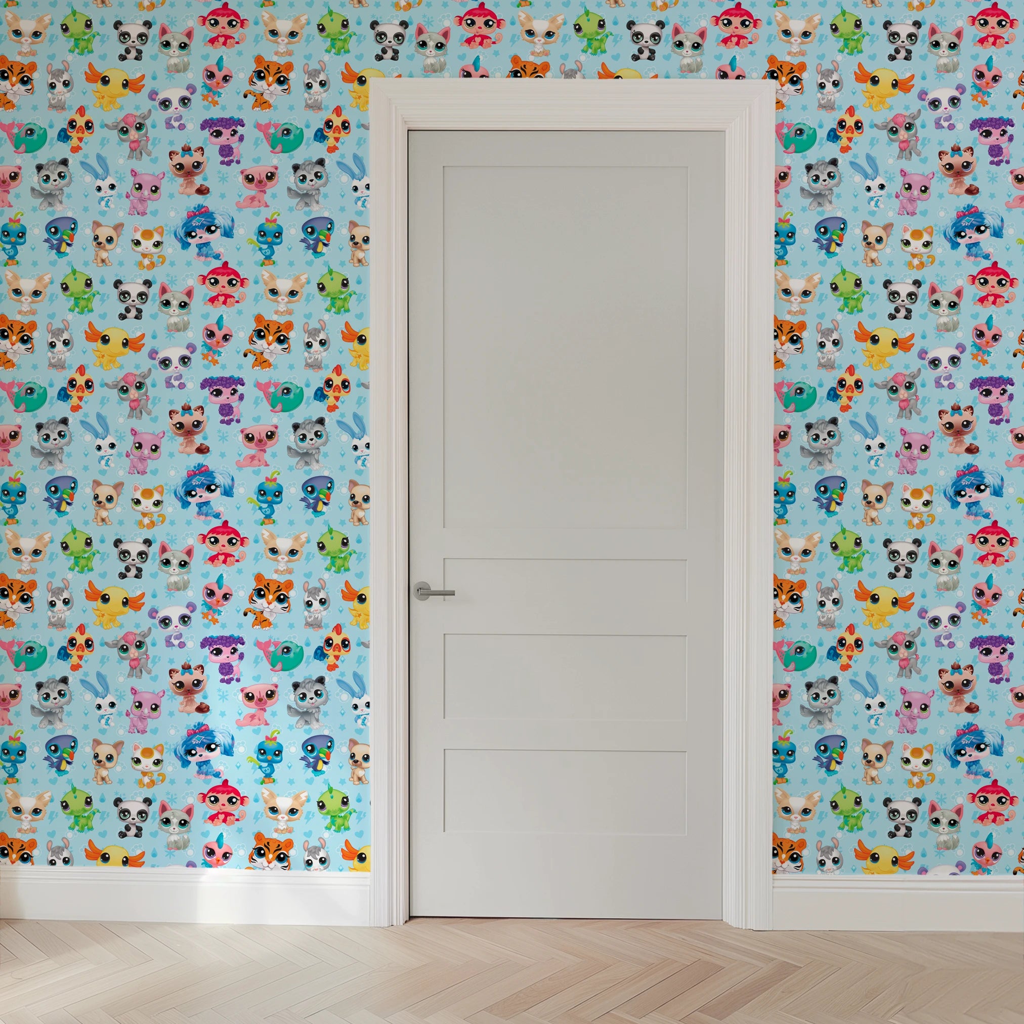 Hasbro Littliest Pet Shop Character Collage on Blue Wallpaper