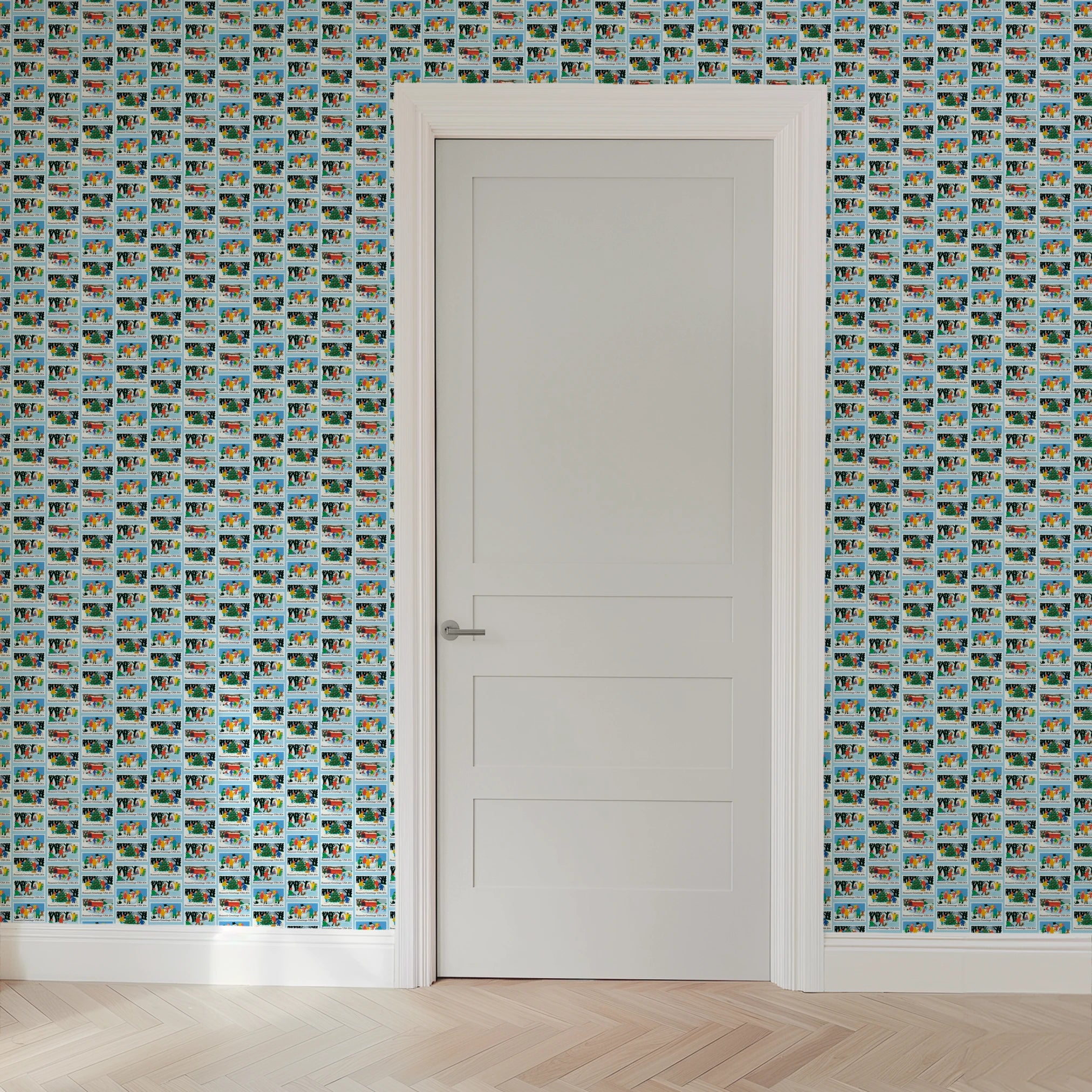 USPS Scenic Season's Greetings Stamps on Blue Wallpaper