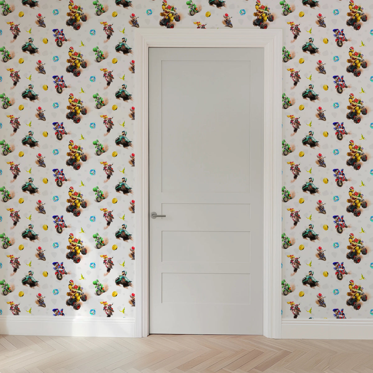 Mario Kart™ World 3D Friends in Action on Light Grey Wallpaper