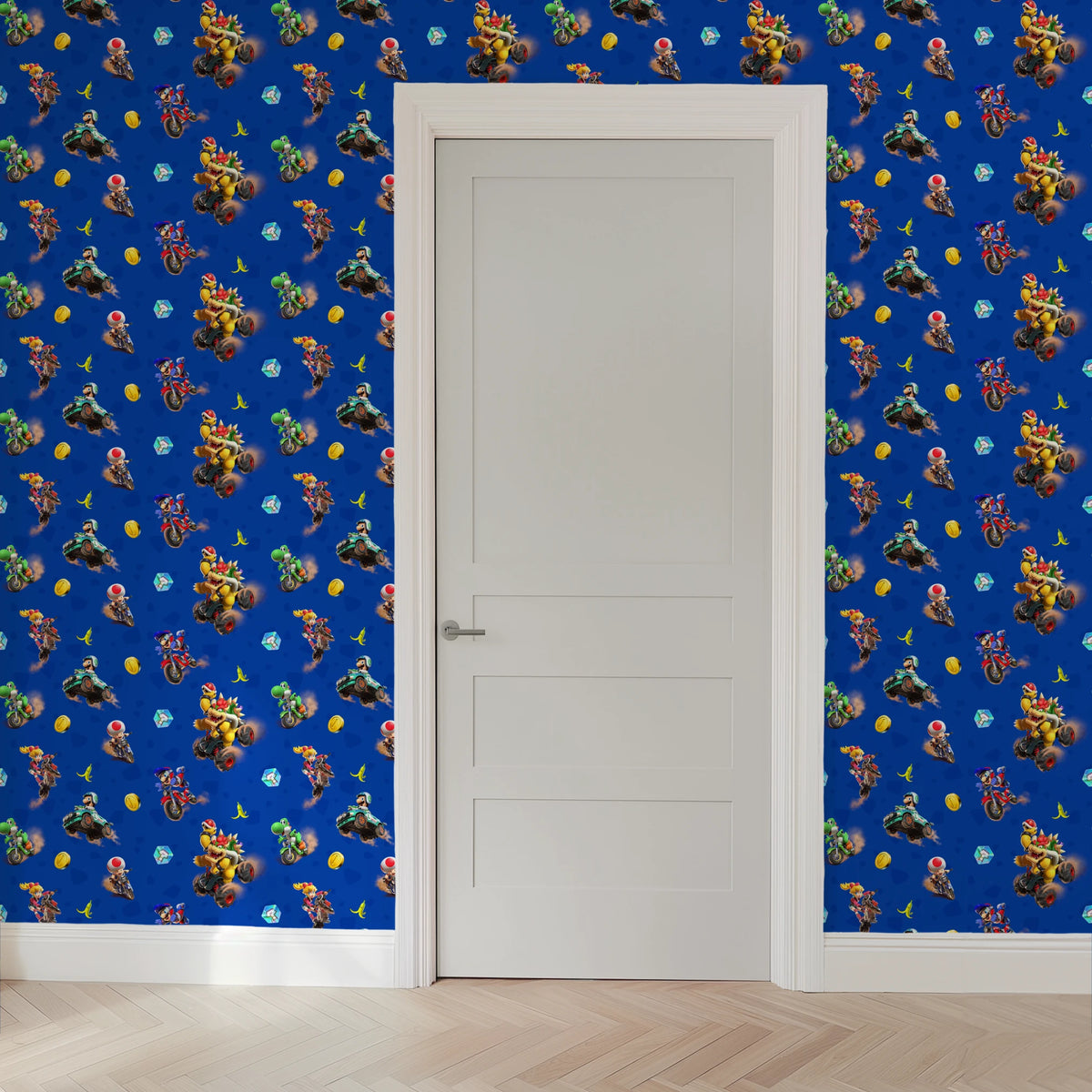 Mario Kart™ World 3D Friends in Action on Blue Wallpaper