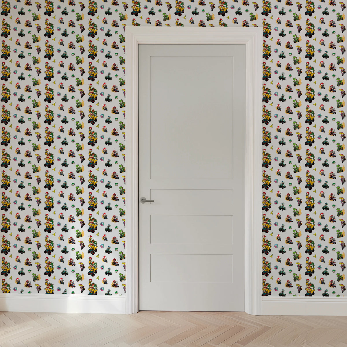 Mario Kart™ World 2D Friends in Action on Light Grey Wallpaper