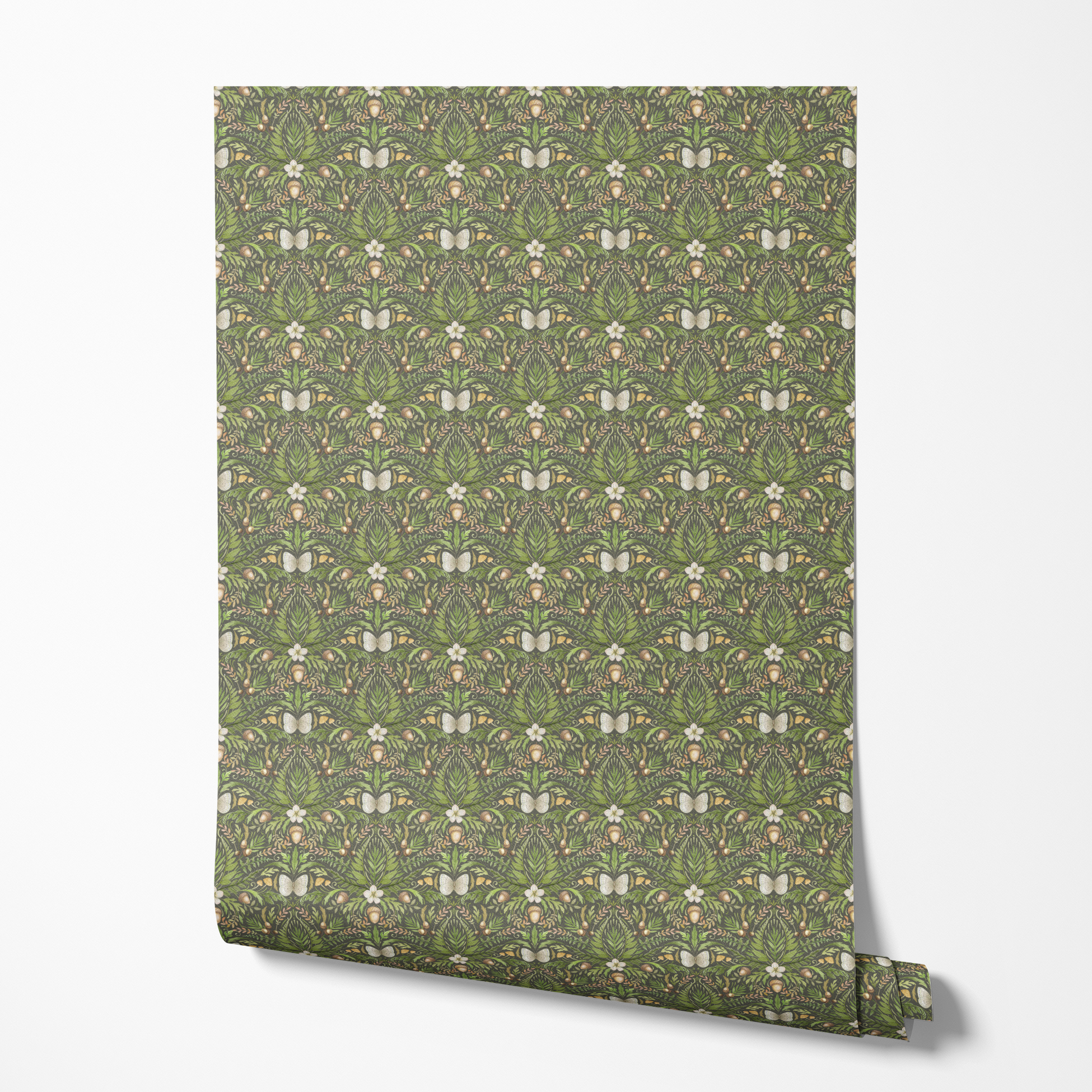 Symmetrical botanical pattern with green foliage, white flowers, and brown accents on dark background wallpaper roll mockup