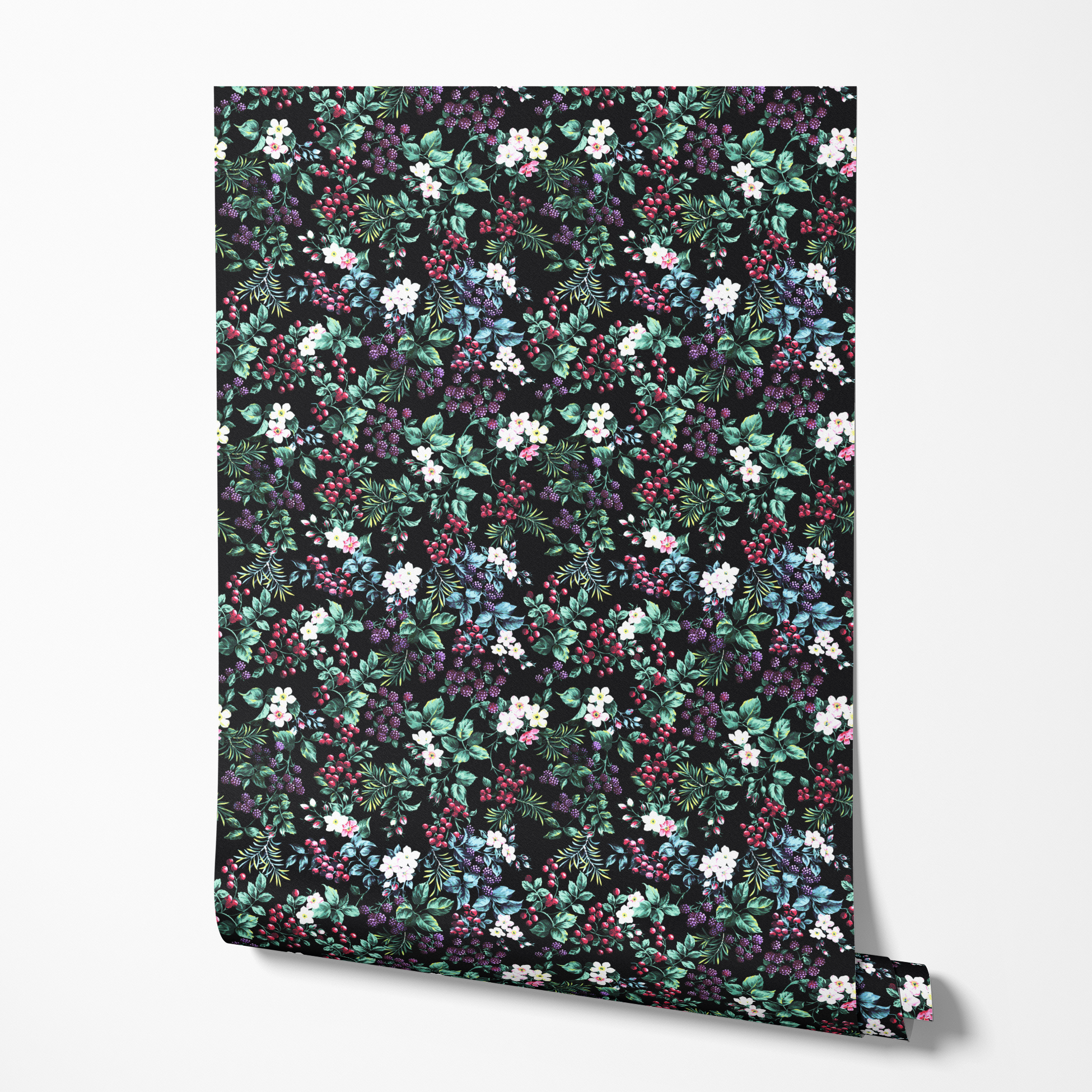 Colorful botanical pattern with white flowers, red cherries, purple blackberries, and green leaves on black background wallpaper roll mockup