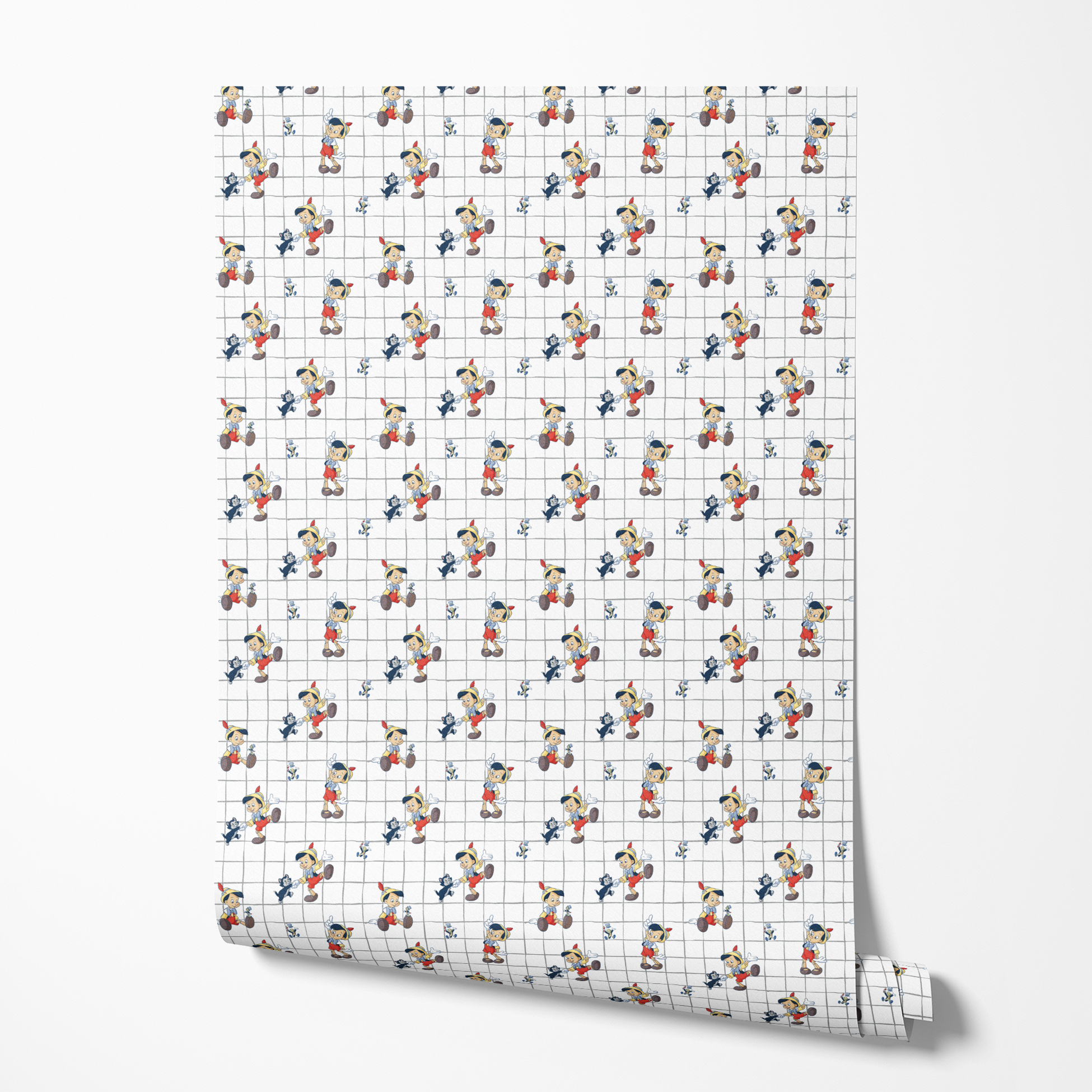 Classic cartoon puppets with red shorts, yellow hats on white grid pattern with small black cat figures wallpaper roll mockup