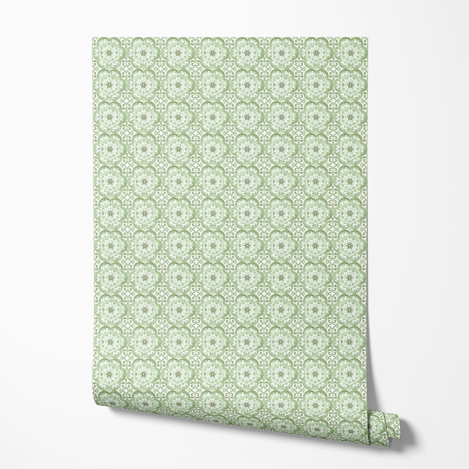 Green medallion tile-inspired pattern by Nicole Tamarin, featuring ornate floral details in a repeating square layout. wallpaper roll mockup