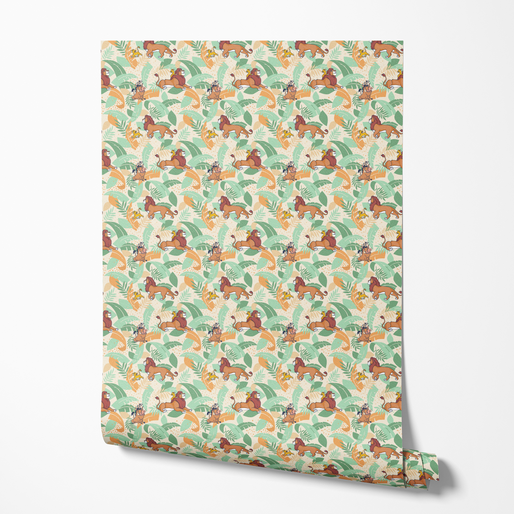 Lion King-inspired pattern with lions and jungle animals amid colorful tropical leaves on cream background wallpaper roll mockup
