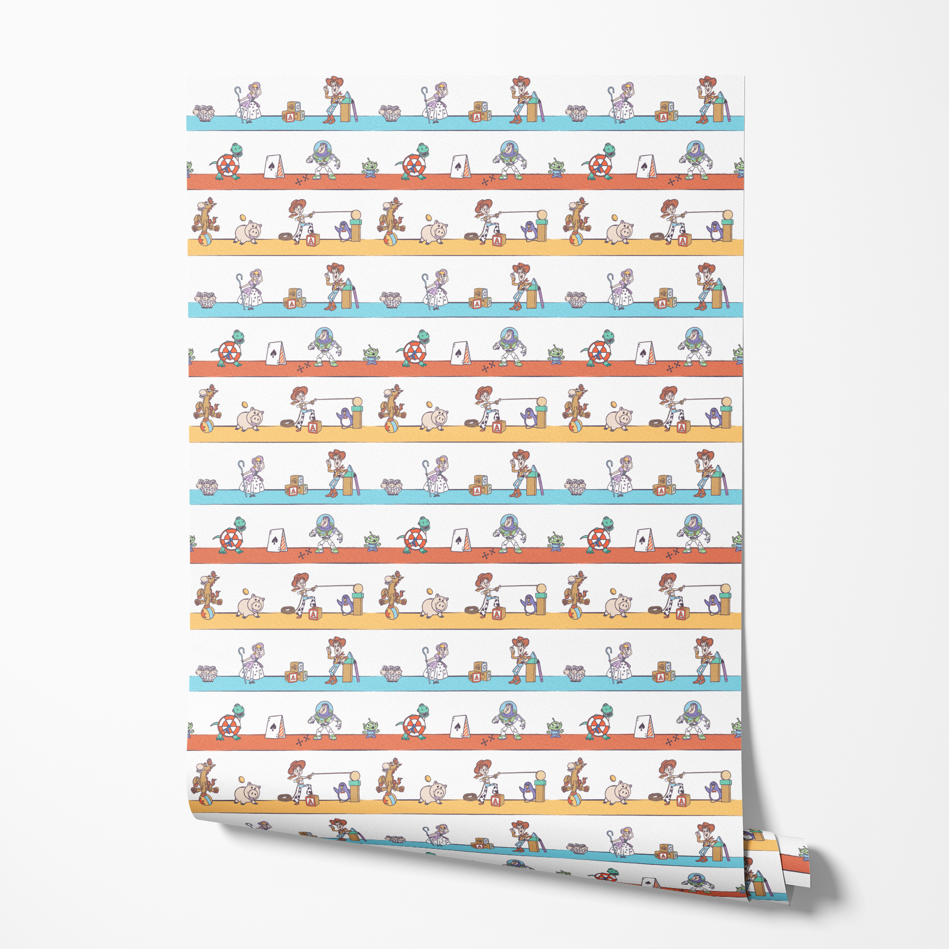 Cartoon illustration of three rows showing different Toy Story characters in action - Woody, Buzzlightyear, Jessie, & more! wallpaper roll mockup