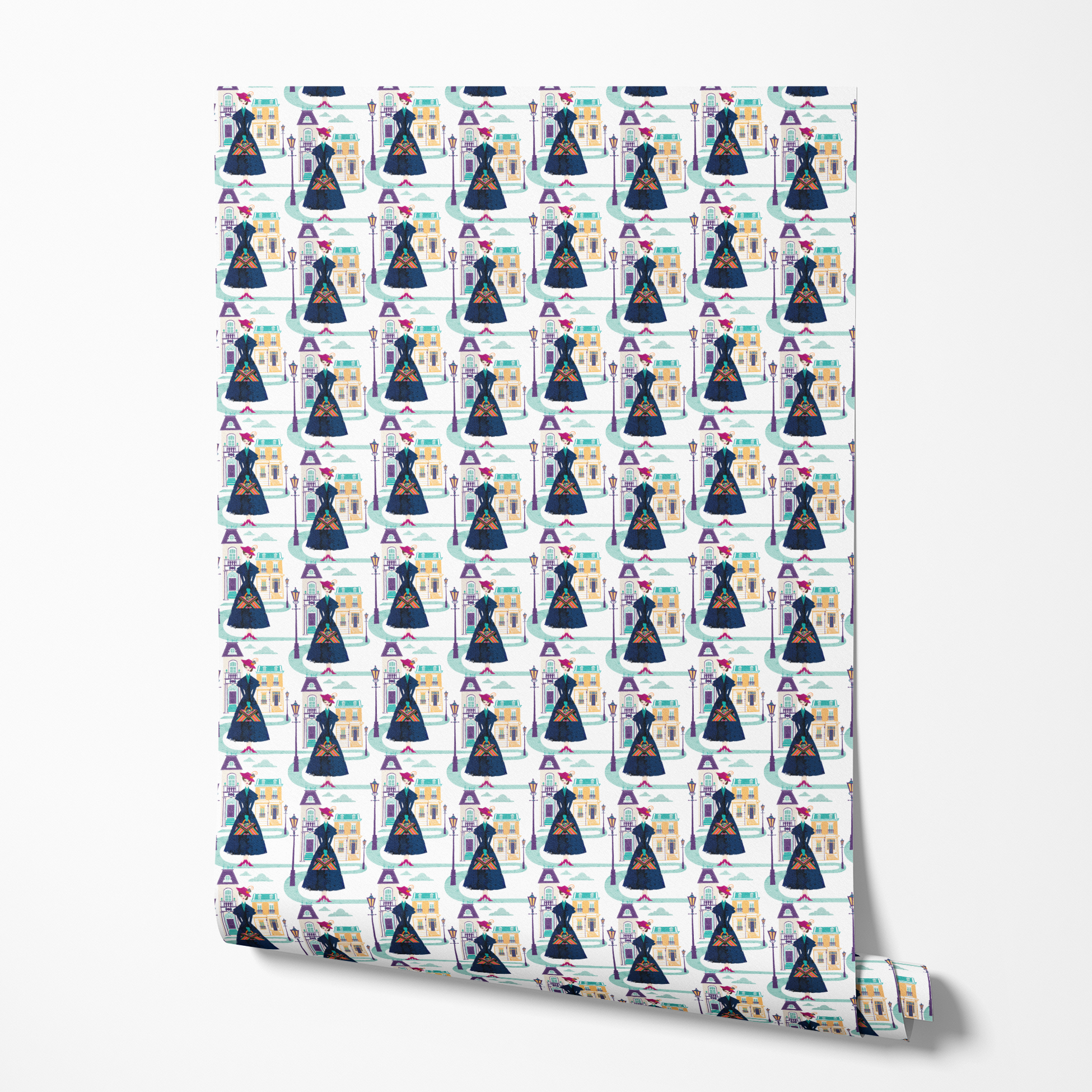 Illustrated pattern of Mary Poppins, standing among pastel townhouses and streetlamps. wallpaper roll mockup