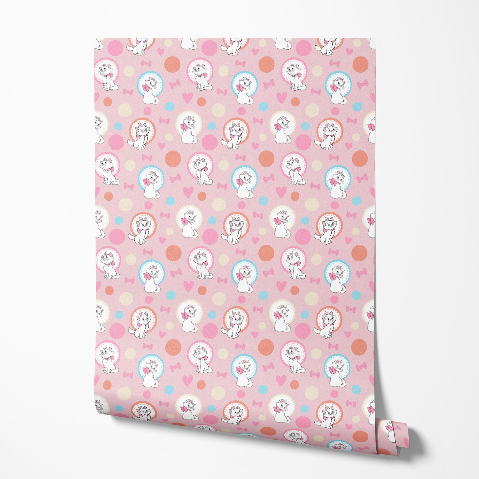 Marie from The Aristocats with pink bows in decorative circular frames on pink polka dot background with bow motifs wallpaper roll mockup
