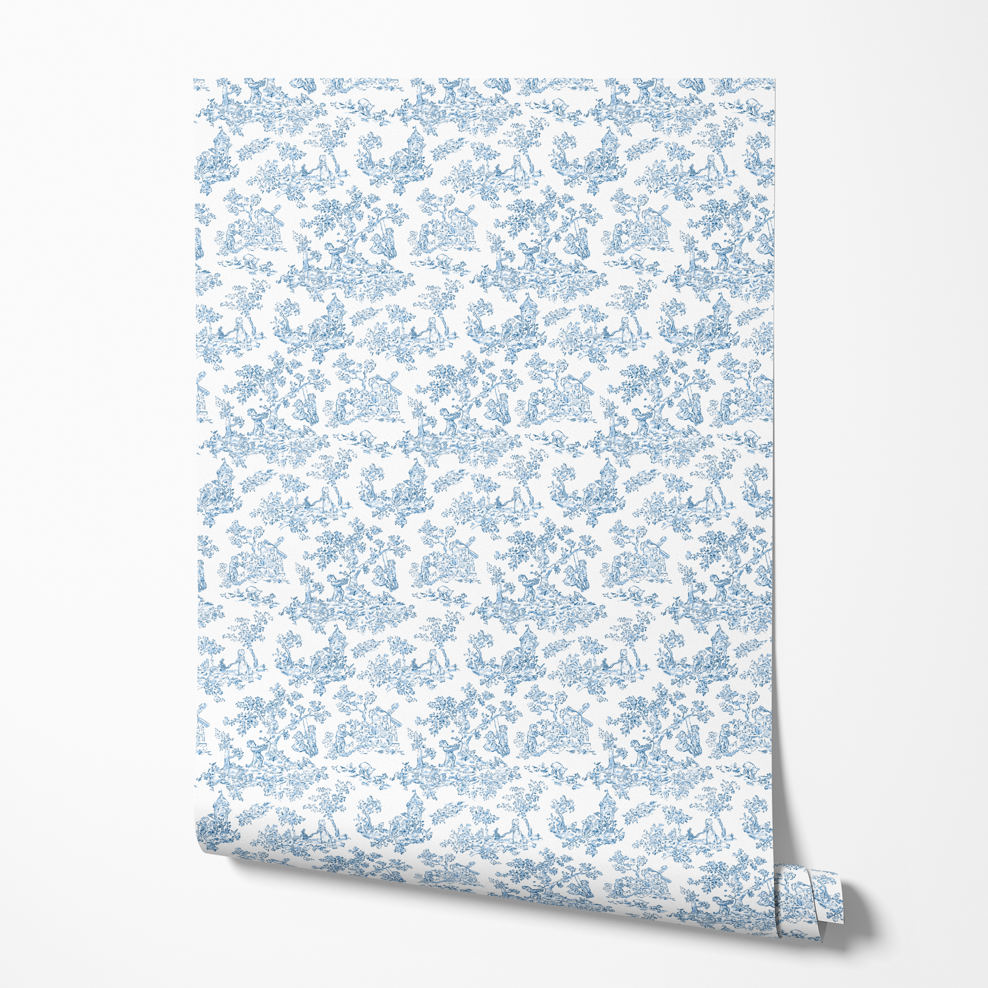 Blue and white toile pattern with delicate floral designs and pastoral scenes on white background wallpaper roll mockup