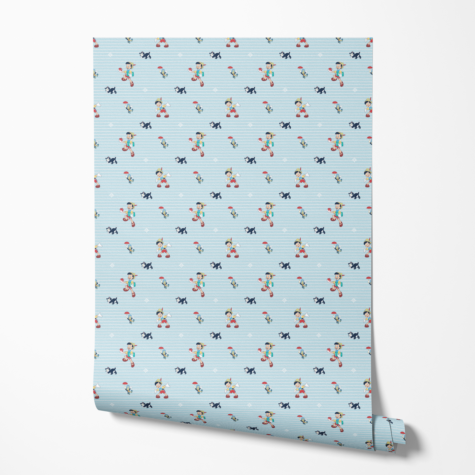 Cartoon pattern with boy character holding apple, black kittens, snowflakes on light blue striped background wallpaper roll mockup