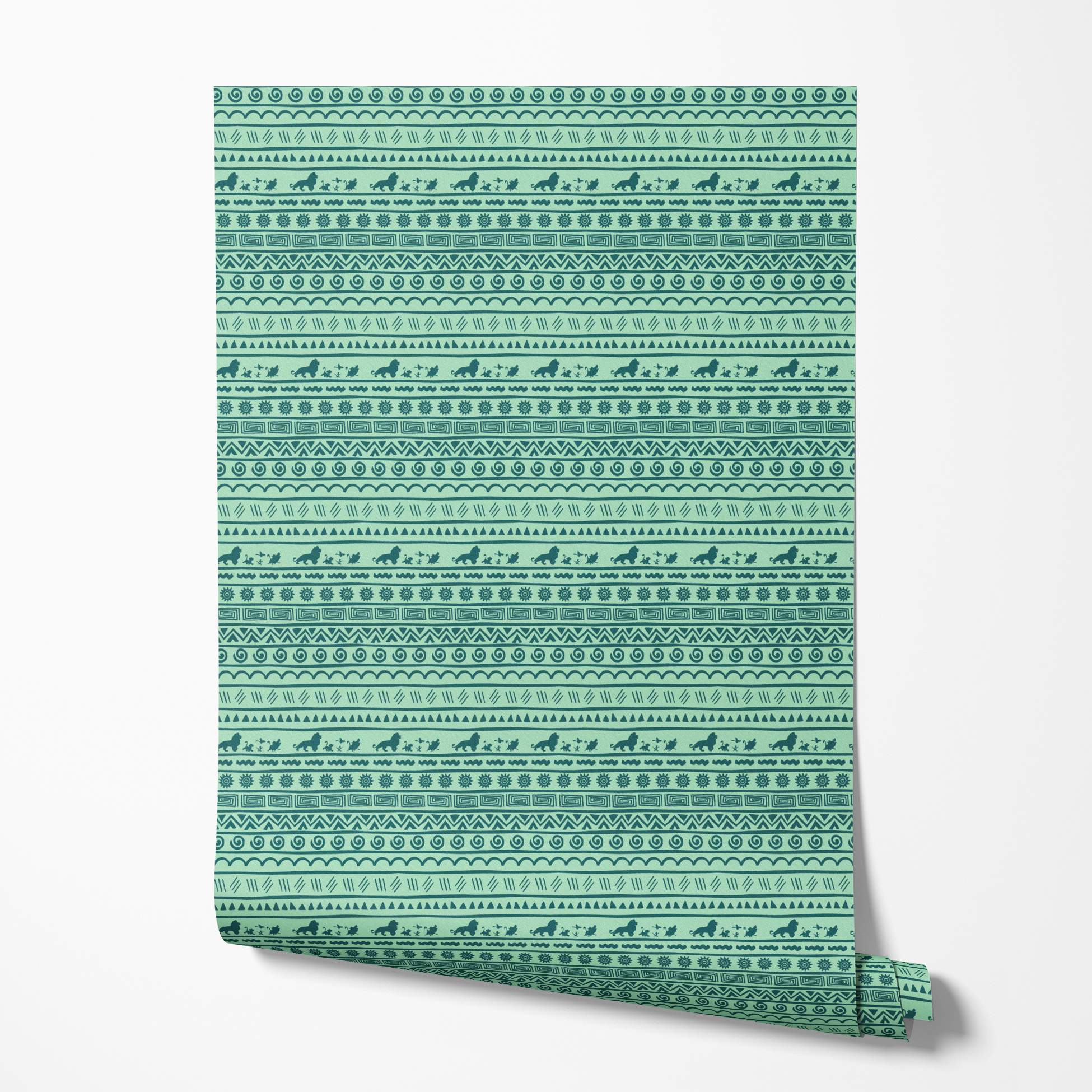 Traditional African-inspired pattern in dark teal on mint green with lions, spirals, triangles, and geometric motifs wallpaper roll mockup